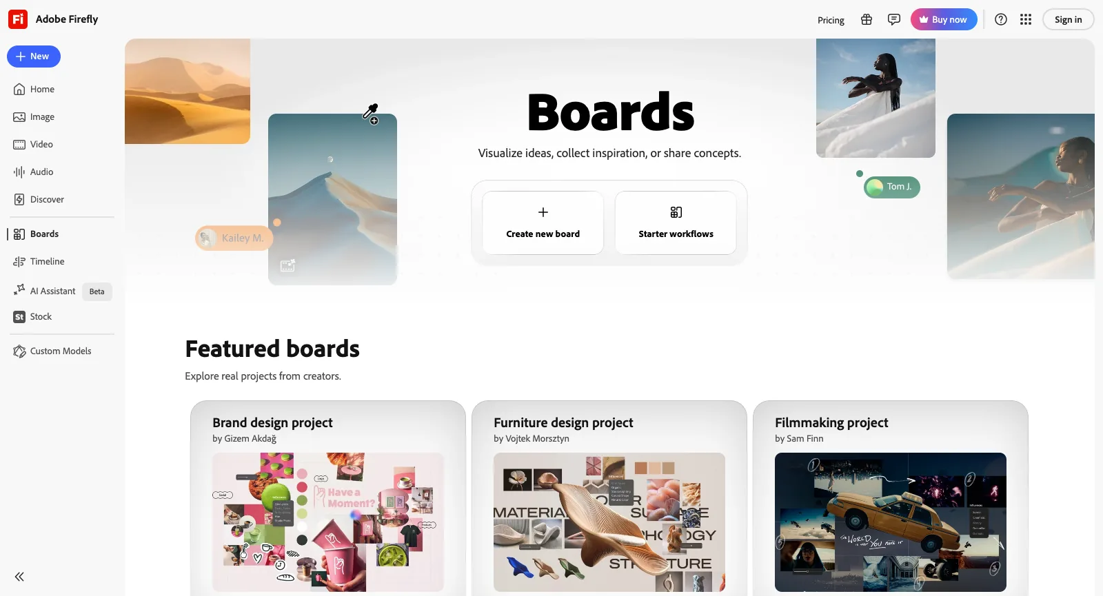 Firefly Boards ohne Anmeldung: Create new board, Starter workflows und hervorgehobene Boards zu einem Filmprojekt, einem Möbeldesign und einem Markendesign