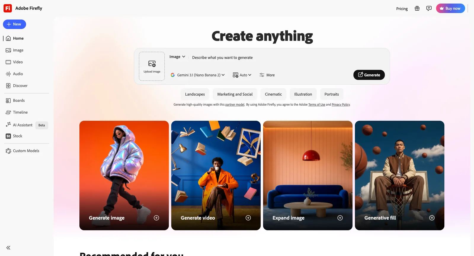 Firefly-Startseite ohne Anmeldung: das Feld Create anything im Modus Image mit Gemini 3.1 (Nano Banana 2), darunter Stil-Chips und Karten für Generative fill, Expand image, Generate video und Generate image