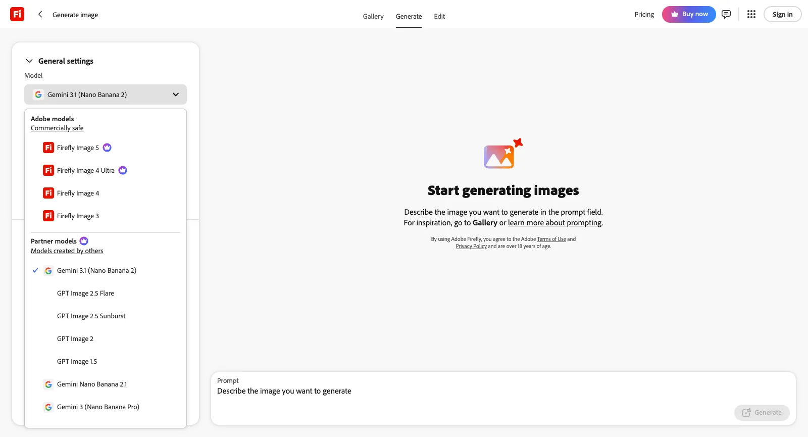 Generate-image-Seite auf firefly.adobe.com ohne Anmeldung, die Model-Liste ist aufgeklappt: Firefly Image 5, 4 Ultra, 4 und 3 als Adobe-Modelle, dazu Partnereinträge wie Nano Banana Pro, die GPT-Image-Versionen und Gemini 3.1 (Nano Banana 2)