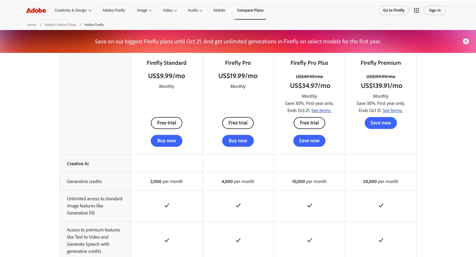 Tarifübersicht für die USA zu Firefly auf adobe.com: Standard für US$9.99 im Monat mit 2.000 Credits, Pro für US$19.99 mit 4.000, und Pro Plus (10.000) und Premium (50.000) im ersten Jahr mit 30 % Rabatt bis zum 21. Oktober