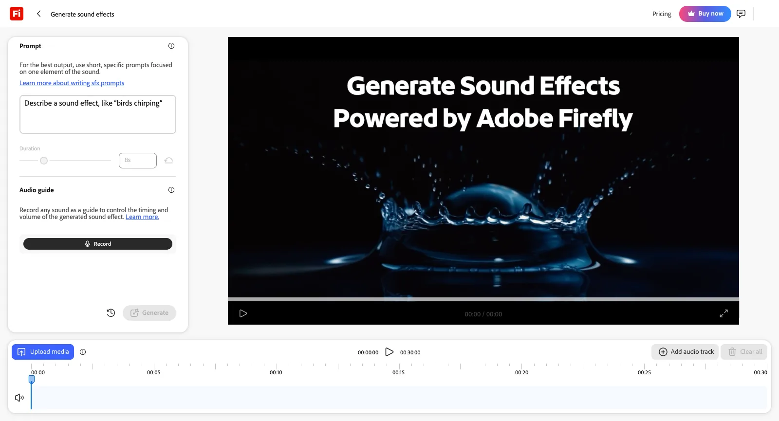 Generate sound effects in Firefly ohne Anmeldung: ein Prompt-Feld, ein Längenregler, eine Schaltfläche Record unter Audio guide, ein Player für Vorschauen und der Spurbereich mit Add audio track und Upload media