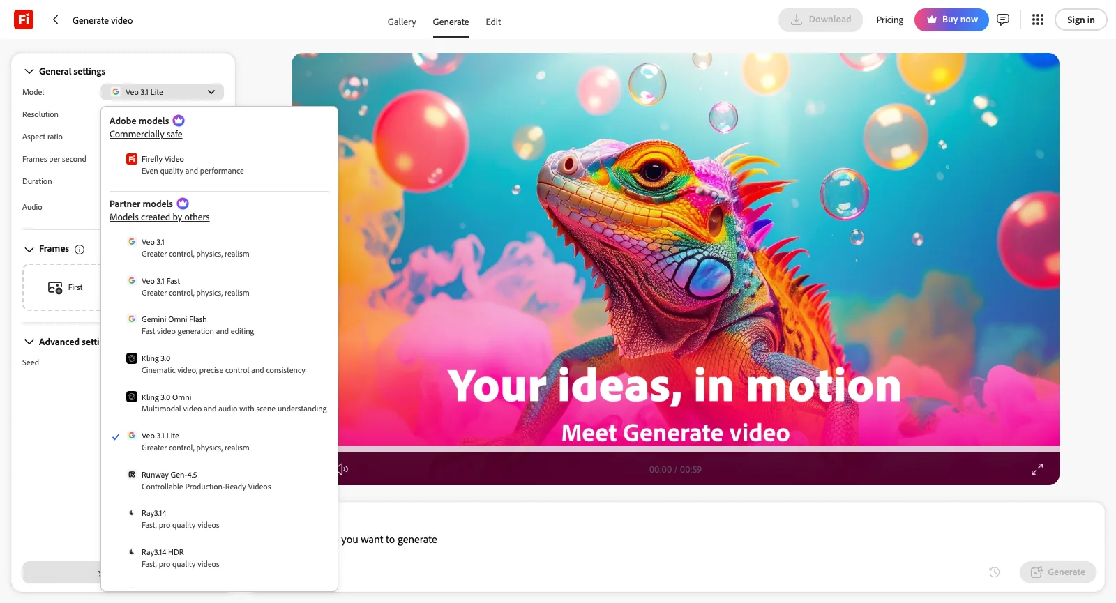 Generate-video-Seite auf firefly.adobe.com ohne Anmeldung, die Model-Liste ist aufgeklappt: Firefly Video als Adobe-Modell, darunter Partnereinträge wie Runway Gen-4.5, Ray3.14, Veo 3.1, Kling 3.0 Omni und Gemini Omni Flash