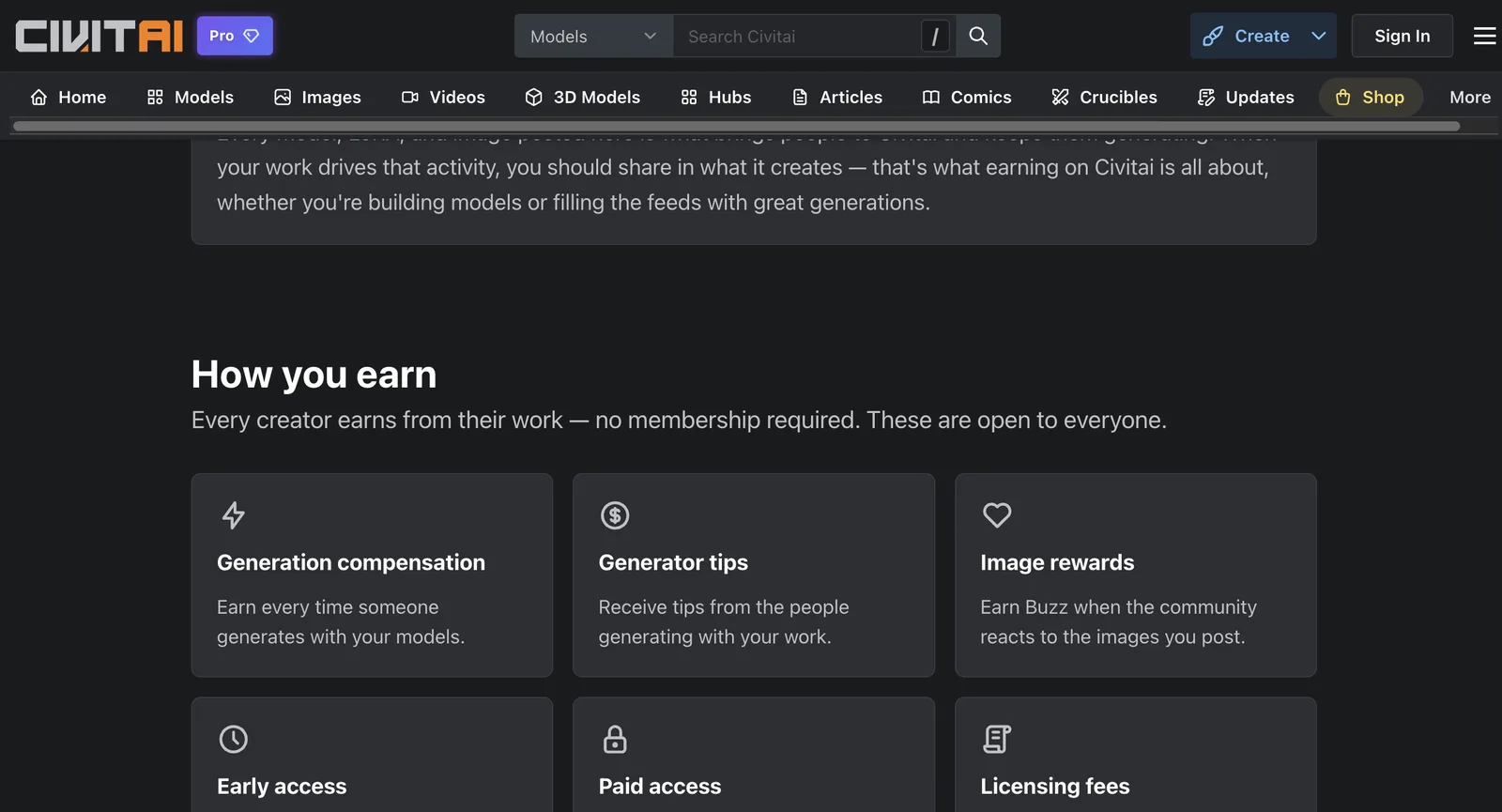 صفحة Earn on Civitai دون تسجيل دخول، وفيها رسوم الترخيص والوصول المدفوع والوصول المبكر ومكافآت الصور وإكراميات المولّد والتعويض عن عمليات التوليد