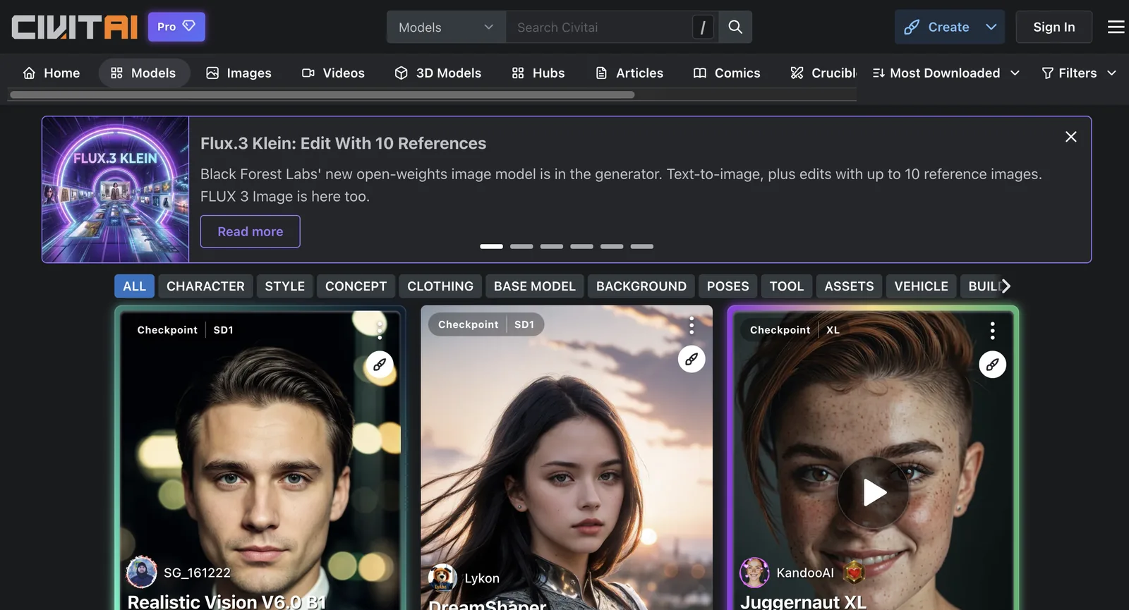 صفحة civitai.com/models دون تسجيل دخول، مرتبة بحسب Most Downloaded: نماذج checkpoint مثل Juggernaut XL وDreamShaper وRealistic Vision مع عدد تنزيلات كل منها
