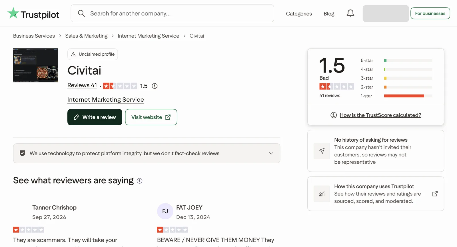 صفحة civitai.com على Trustpilot: ملف لم يطالب به أحد، بدرجة TrustScore تبلغ 1.5 من 41 تقييمًا، معظمها بنجمة واحدة