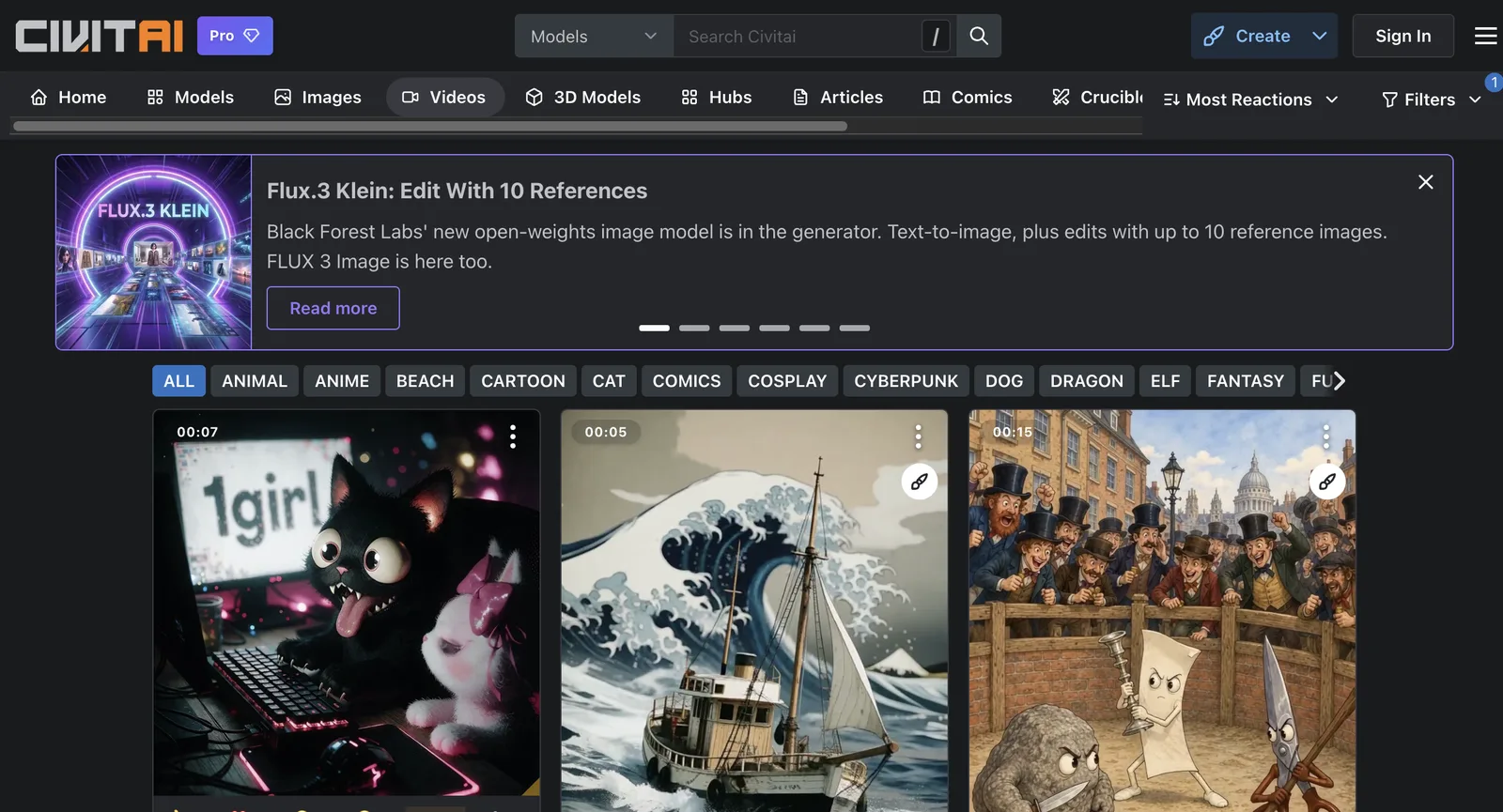 صفحة Videos في Civitai دون تسجيل دخول، مرتبة بحسب Most Reactions لهذا الشهر: شبكة من مقاطع الذكاء الاصطناعي تظهر مدة كل مقطع وتفاعلاته