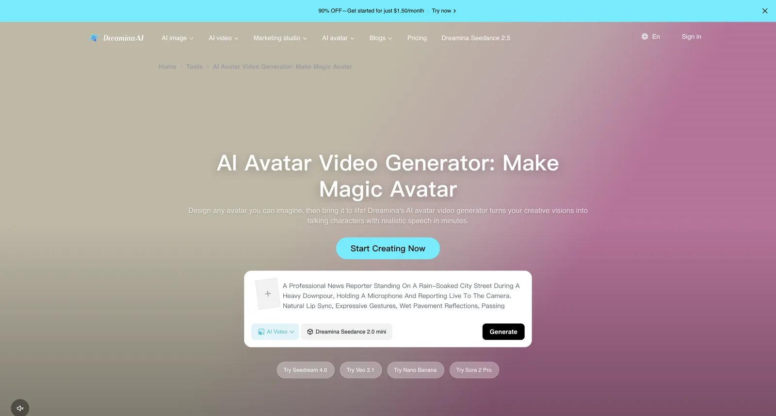 AI Avatar Video Generator on Dreamina, prefilled with a prompt for a news reporter who speaks, on Seedance 2.0 mini
