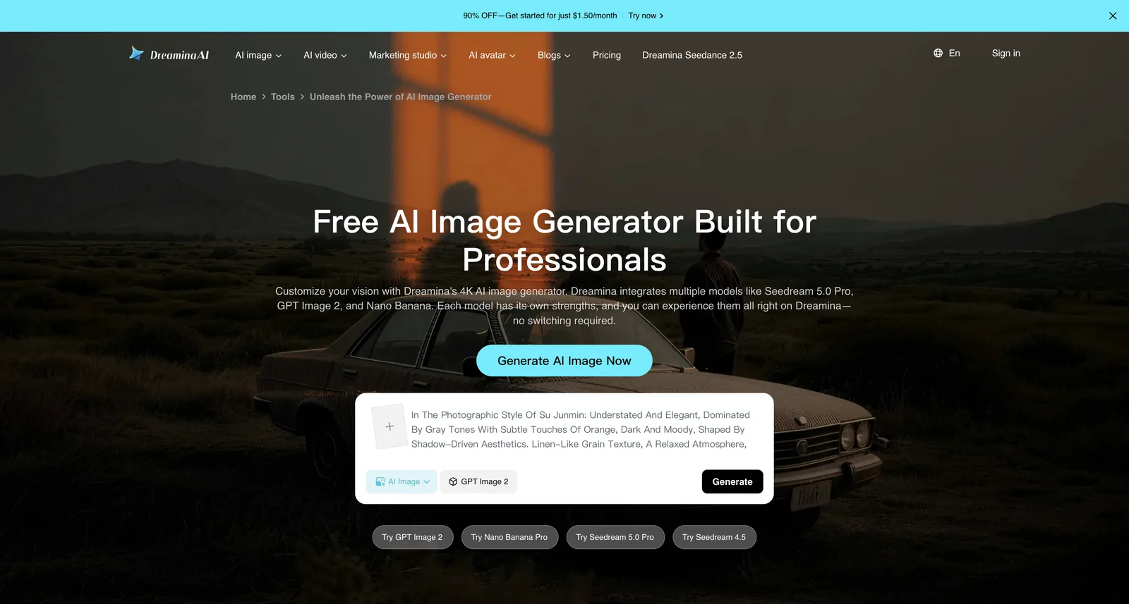 Dreamina image generator page, pitched as a free tool for professionals, with GPT Image 2 selected