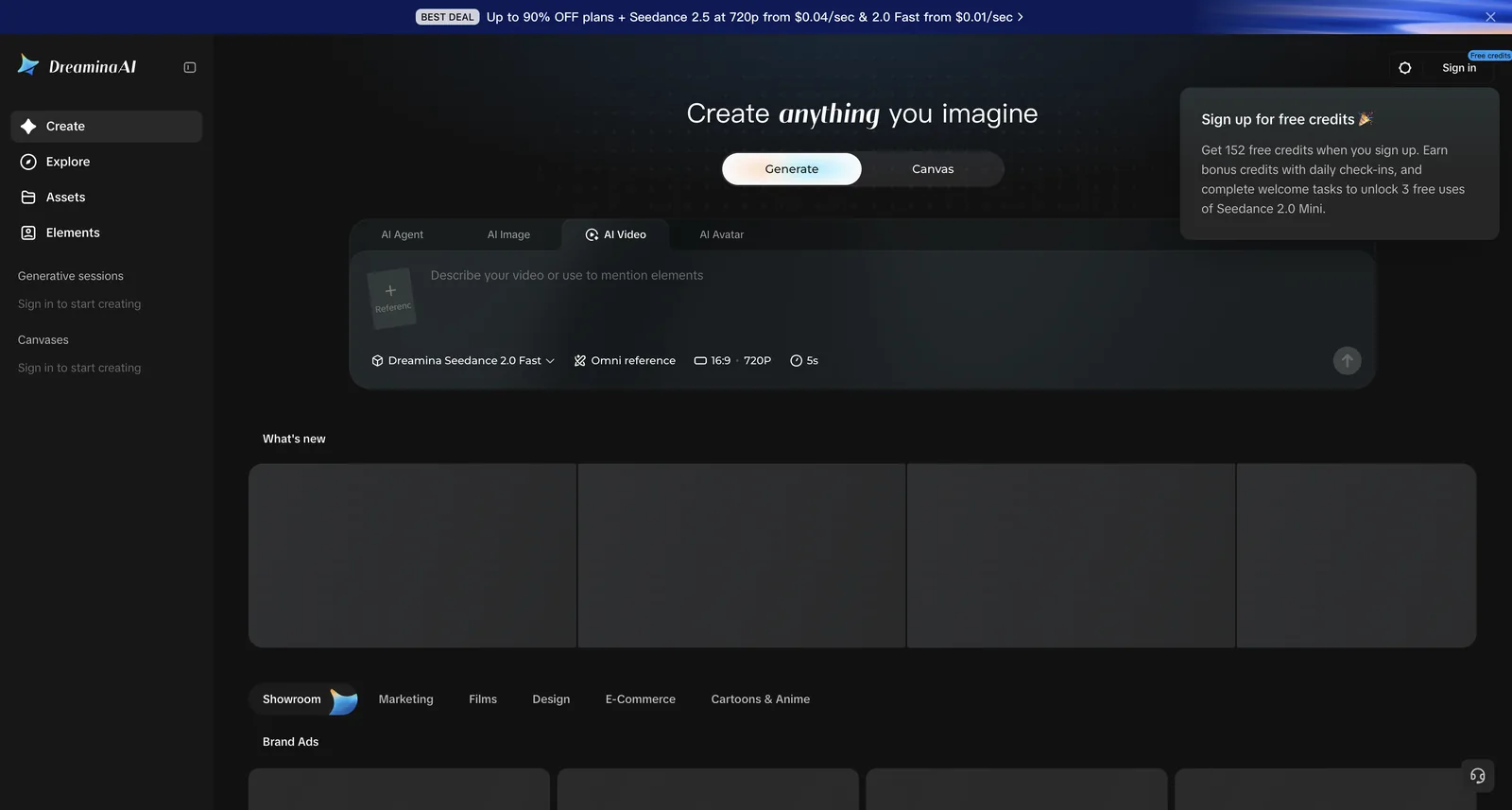 Signed-out view of Dreamina’s video workspace: Seedance 2.0 Fast selected and a banner promising 152 free credits on sign-up