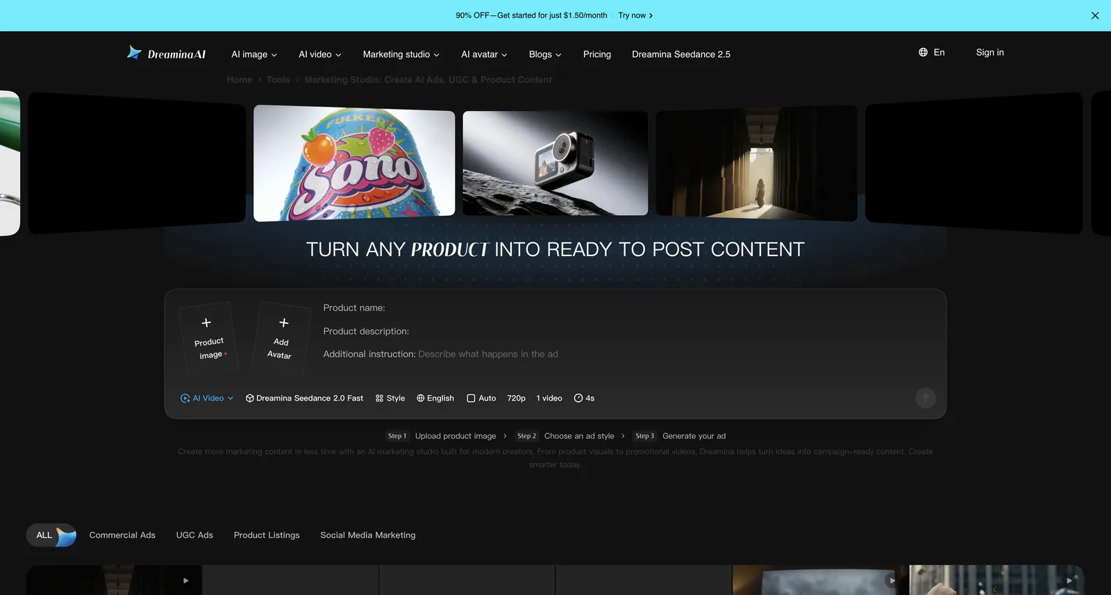 Marketing Studio on Dreamina with slots for a product image and an avatar under a headline about ready-to-post content