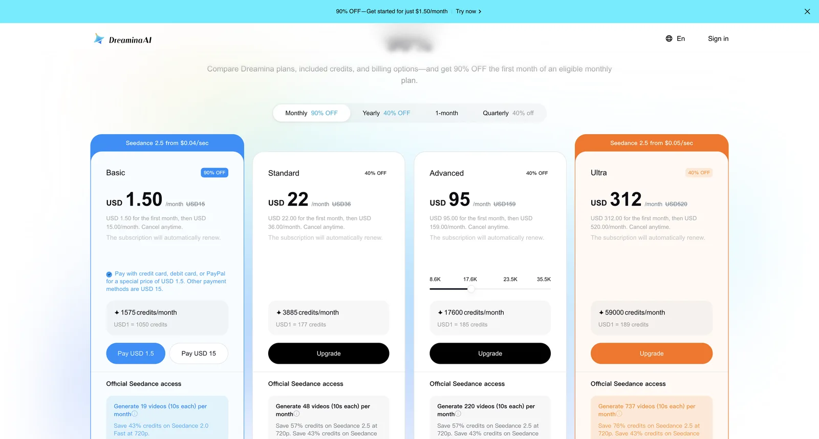 Dreamina’s Monthly tab: first-month prices of $1.50 (Basic), $22 (Standard), $95 (Advanced) and $312 (Ultra), rising to $15, $36, $159 and $520