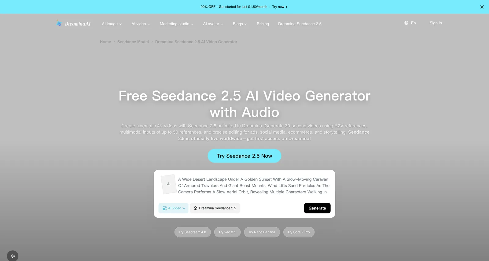 Dreamina’s Seedance 2.5 page: a free generator with sound, half-minute clips and up to 50 references