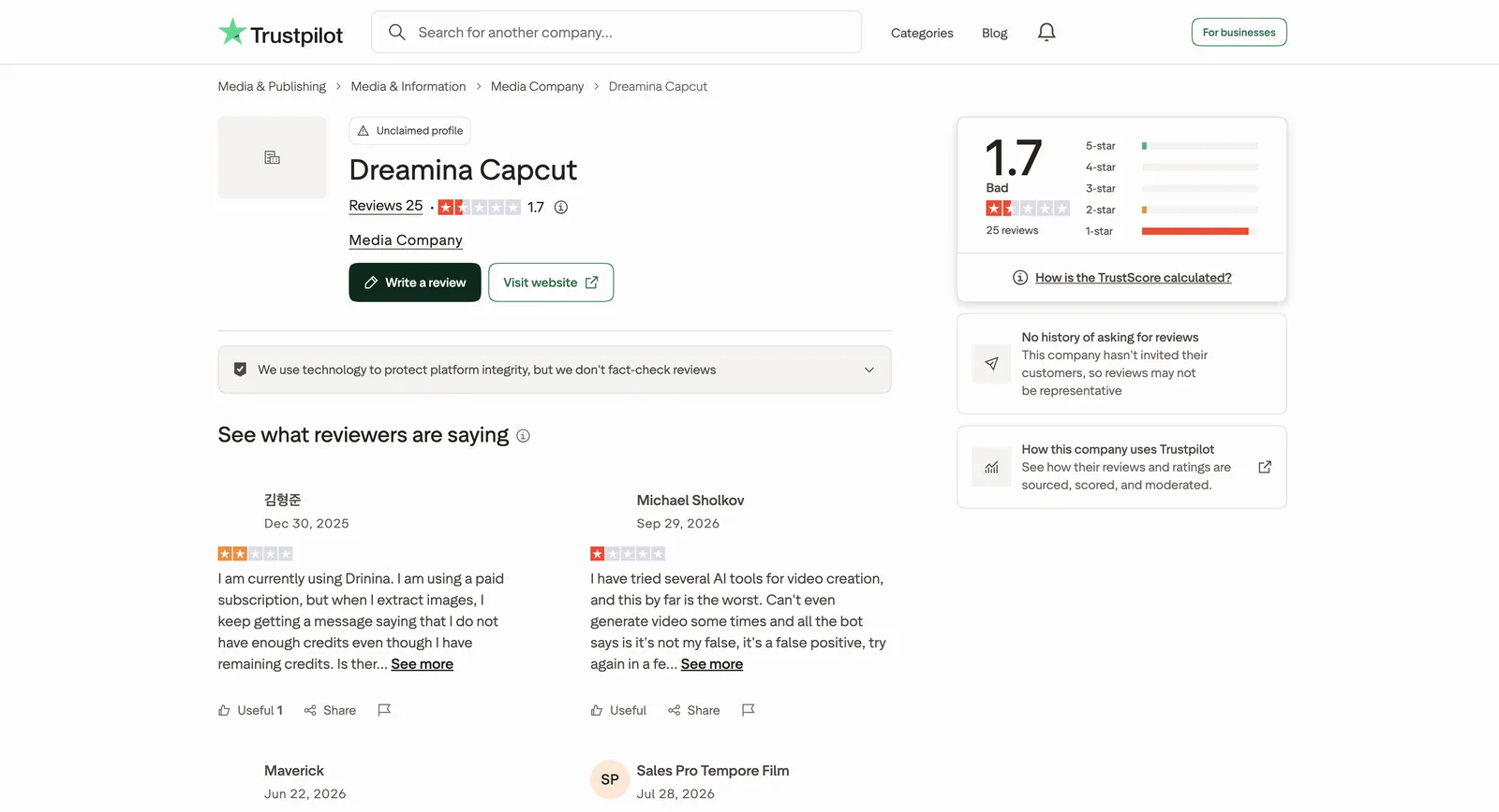 Trustpilot profile for Dreamina Capcut: TrustScore 1.7 from 25 reviews, marked unclaimed
