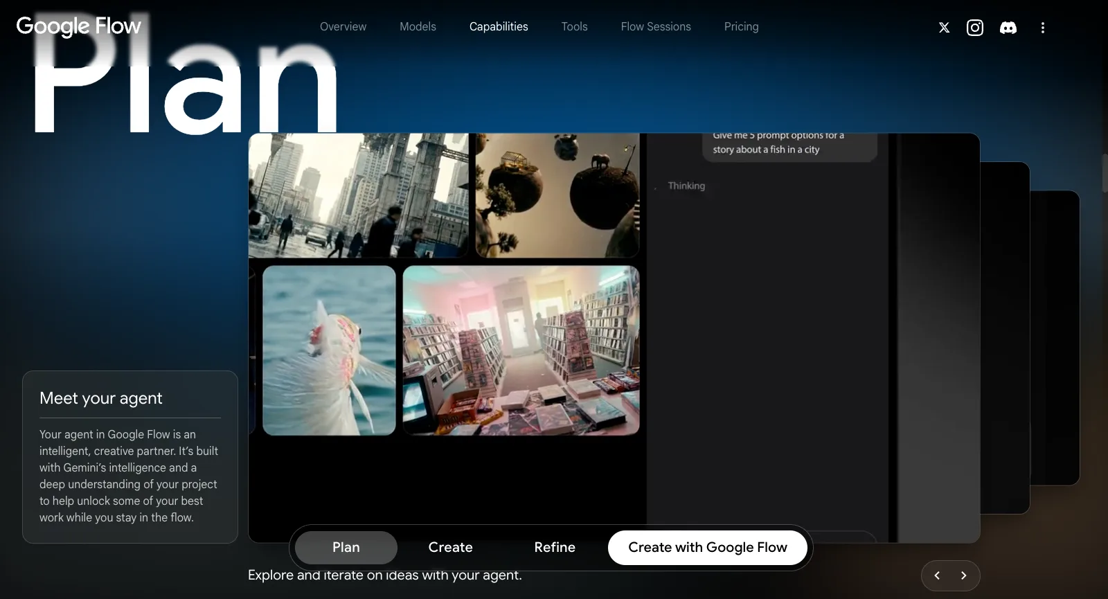 flow.google.com/about sans connexion : l’étape Plan nommée Meet your agent : un chat où l’on réclame des prompts d’histoire, près des scènes obtenues