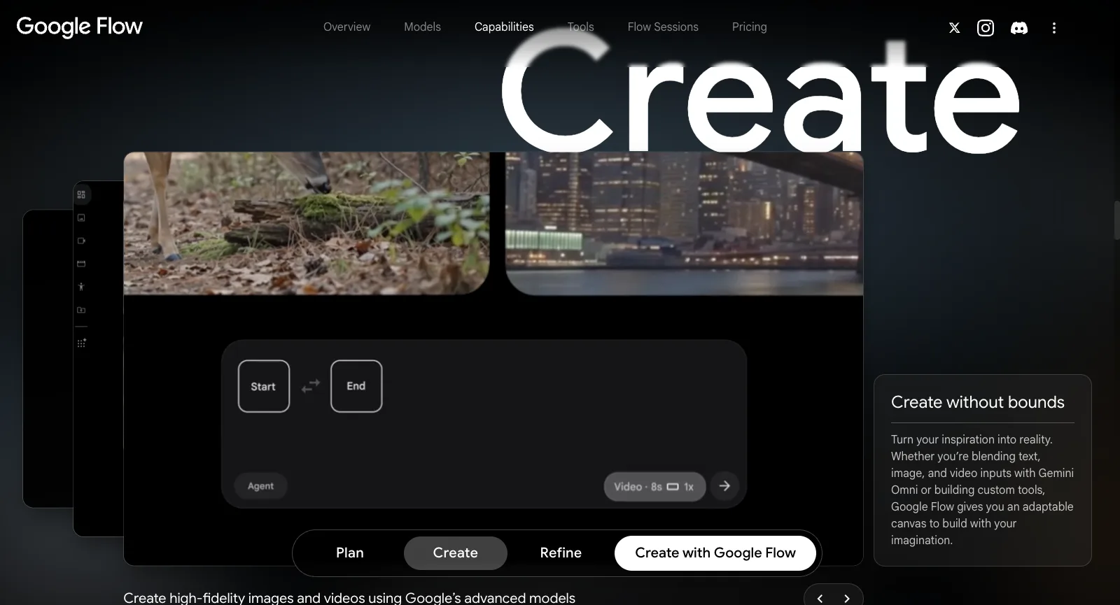 flow.google.com/about sans connexion : Create without bounds, avec des emplacements pour une image de début et une image de fin et une durée de 8 secondes