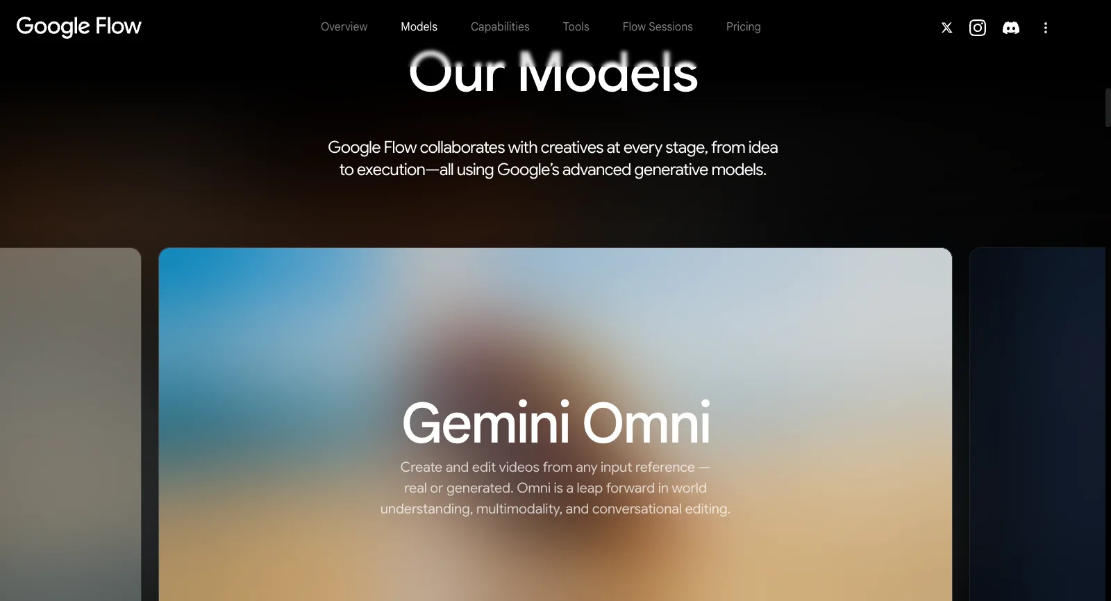 flow.google.com/about sans connexion : la section Our Models, avec une carte Gemini Omni qui décrit la création et la retouche de clips depuis toute référence