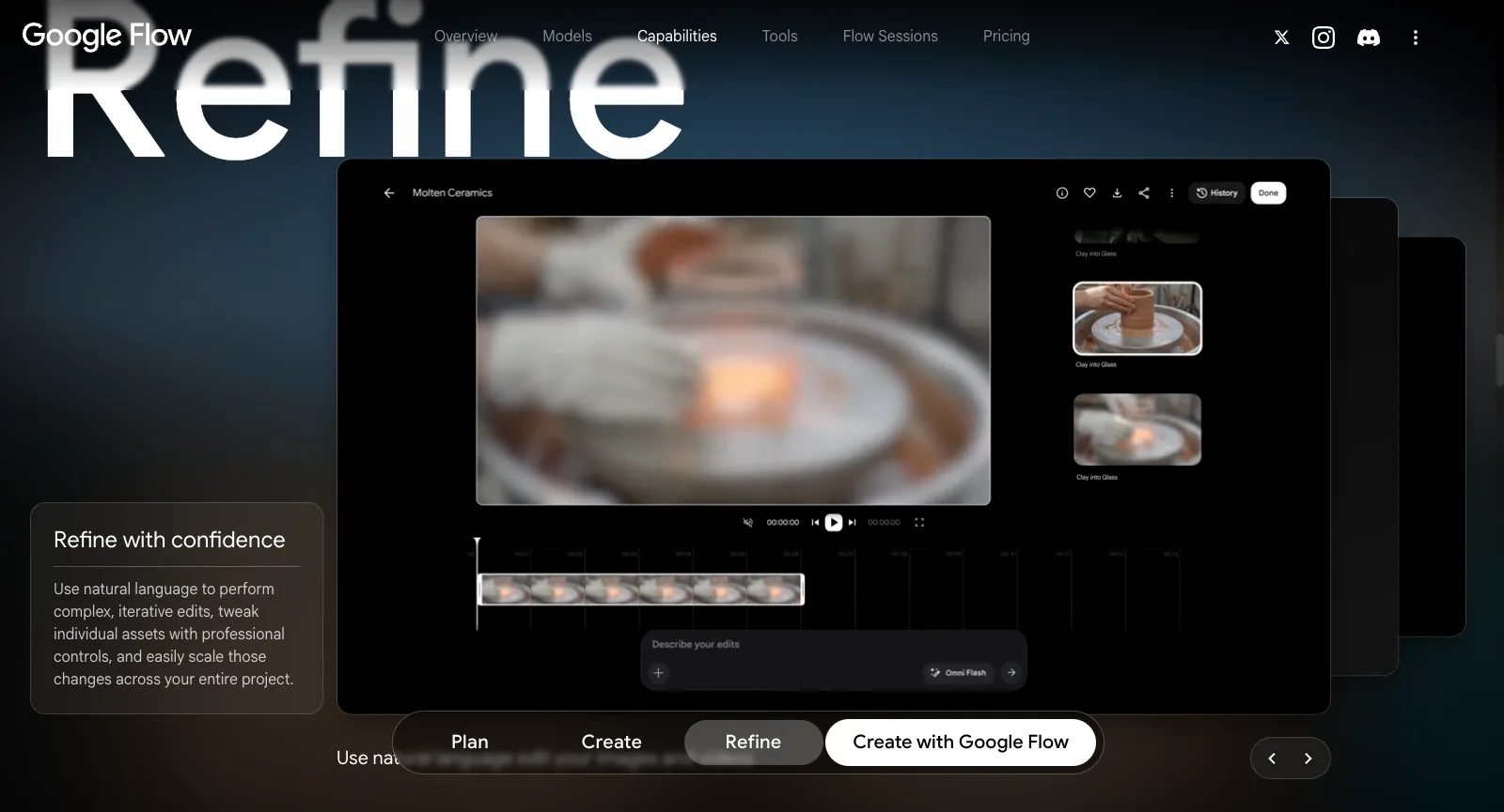 flow.google.com/about sans connexion : Refine with confidence, avec une zone de prompt de retouche sous un clip et sa ligne de temps