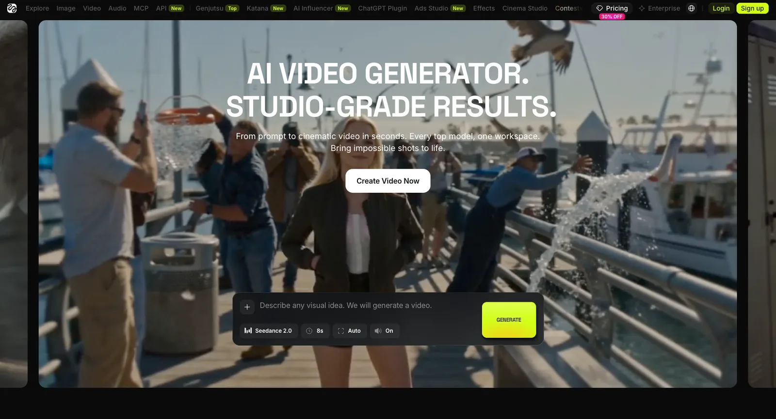 higgsfield.ai/ai-video with Seedance 2.0 chosen in the generator, over a moody film-style background clip