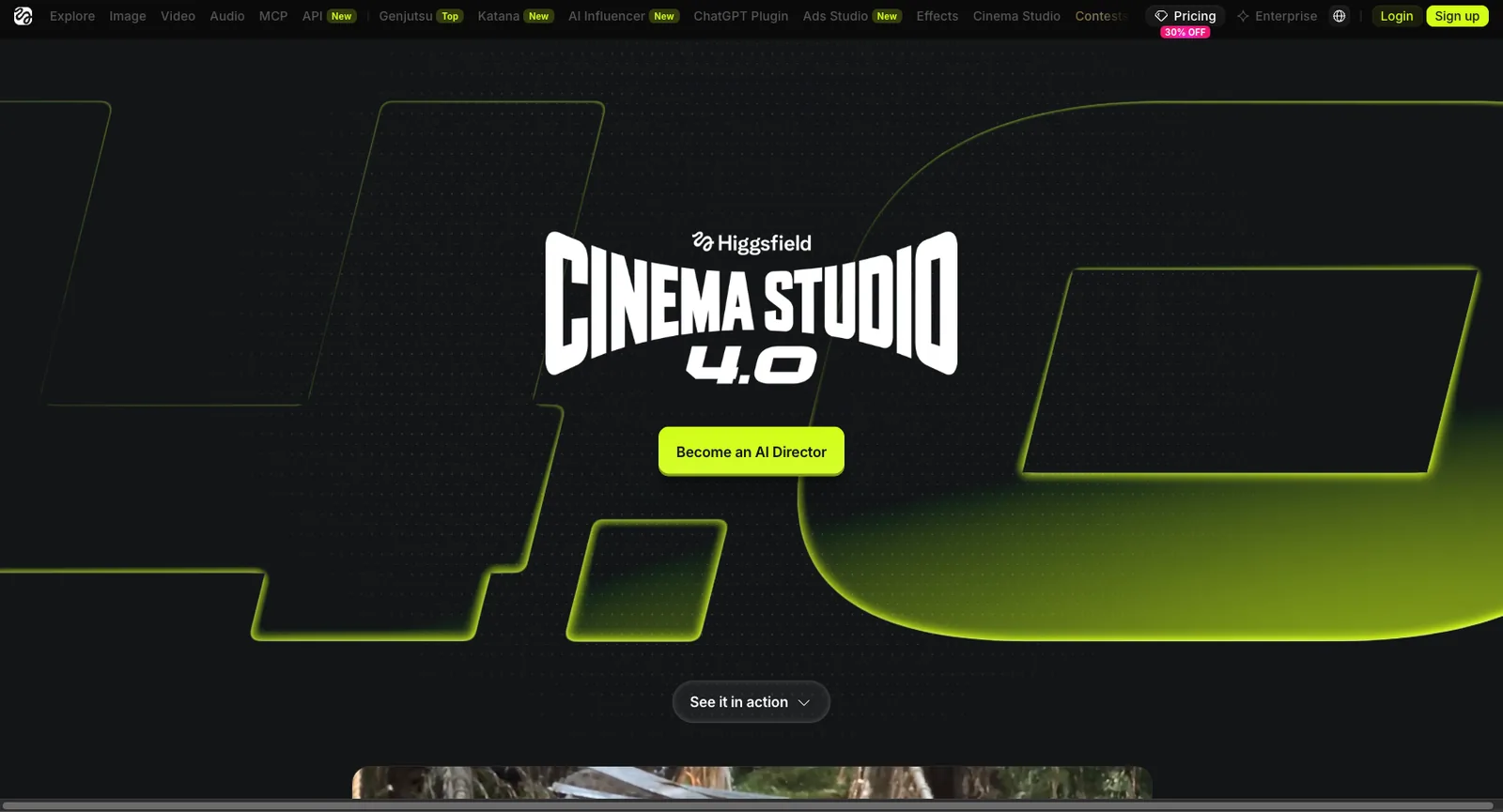 The Cinema Studio 4.0 intro on higgsfield.ai, inviting visitors to “Become an AI Director”