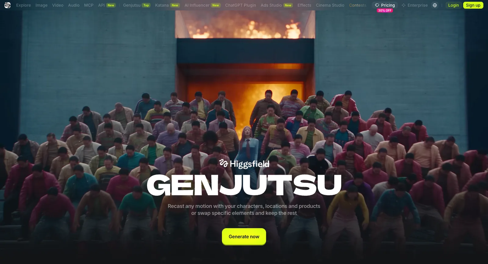 higgsfield.ai/genjutsu headline about recasting any motion with your own characters, places and products