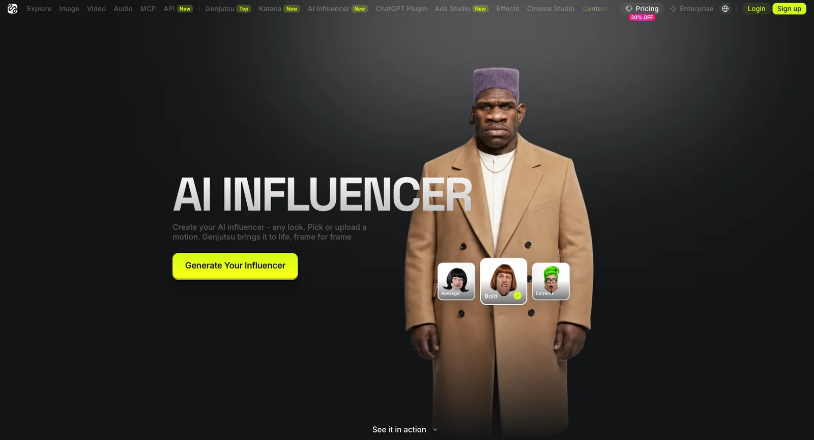 higgsfield.ai/ai-influencer, showing a generated host and the Generate Your Influencer call to action