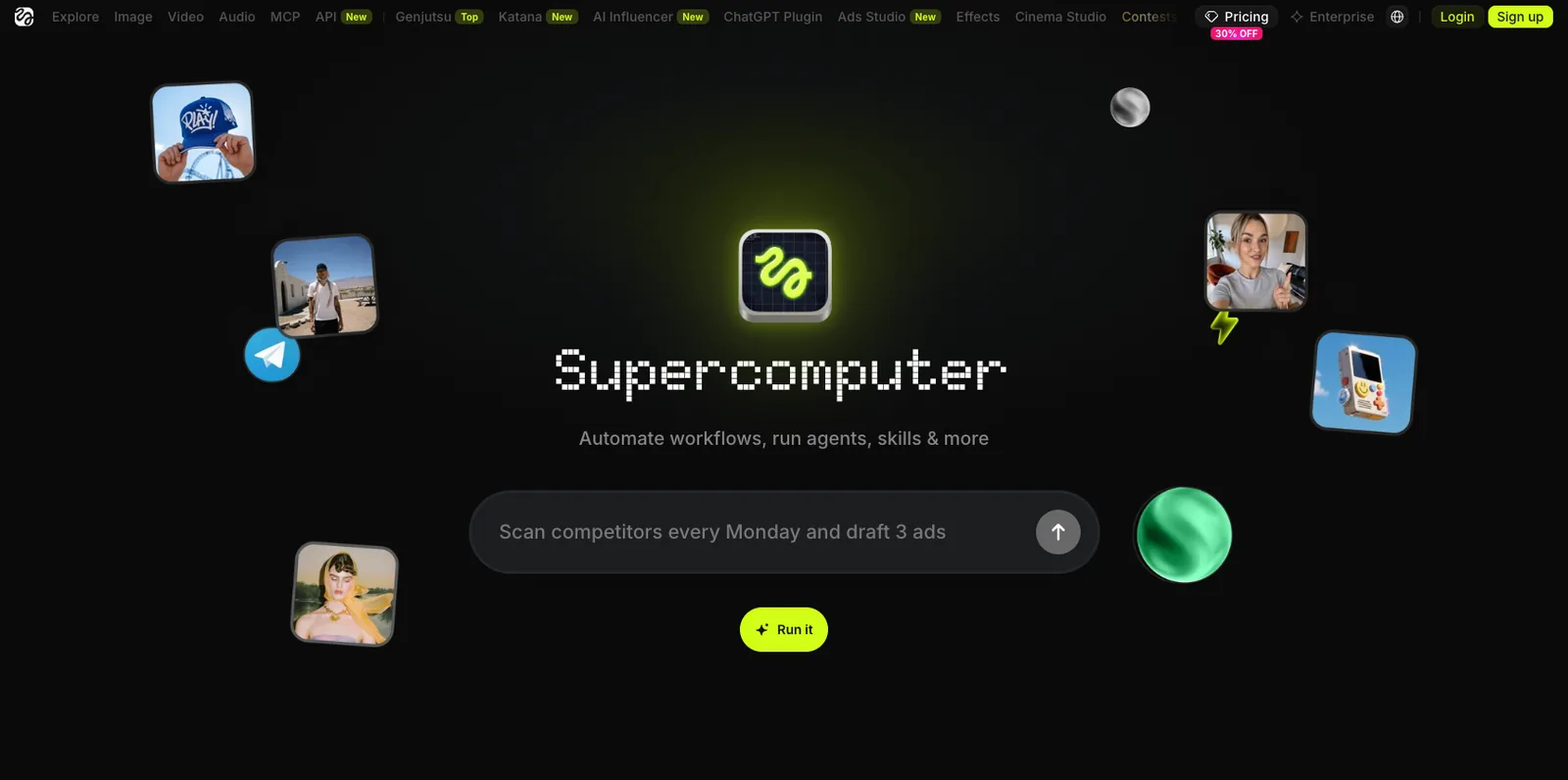 Supercomputer intro on higgsfield.ai: an agent prompt box promising automated workflows, agents and skills