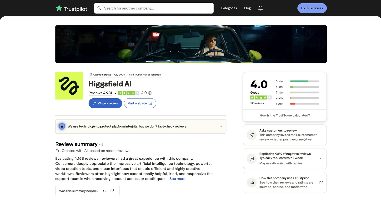 Trustpilot listing for Higgsfield AI: a 4.0 TrustScore across 4,981 reviews on a claimed profile