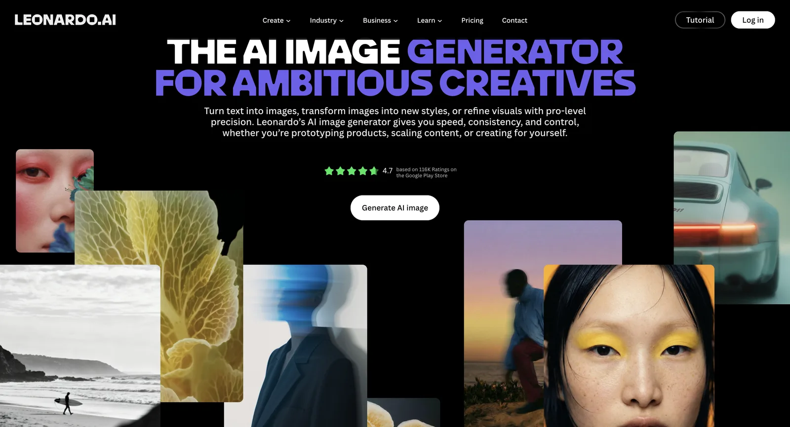 Landingpage des Bildgenerators auf leonardo.ai ohne Anmeldung: eine große Überschrift für ehrgeizige Kreative, Beispielporträts und ein weißer Button zum Starten der Generierung