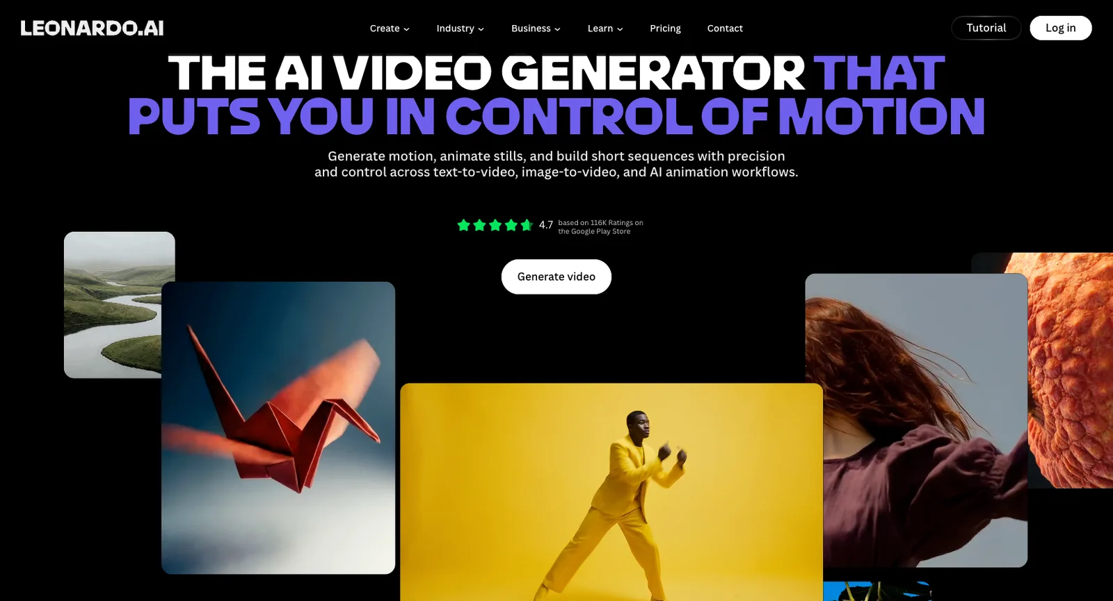 Videogenerator-Seite auf leonardo.ai ohne Anmeldung, die Kontrolle über Bewegung verspricht, über einer Reihe von Beispielclips und einem Button Generate video