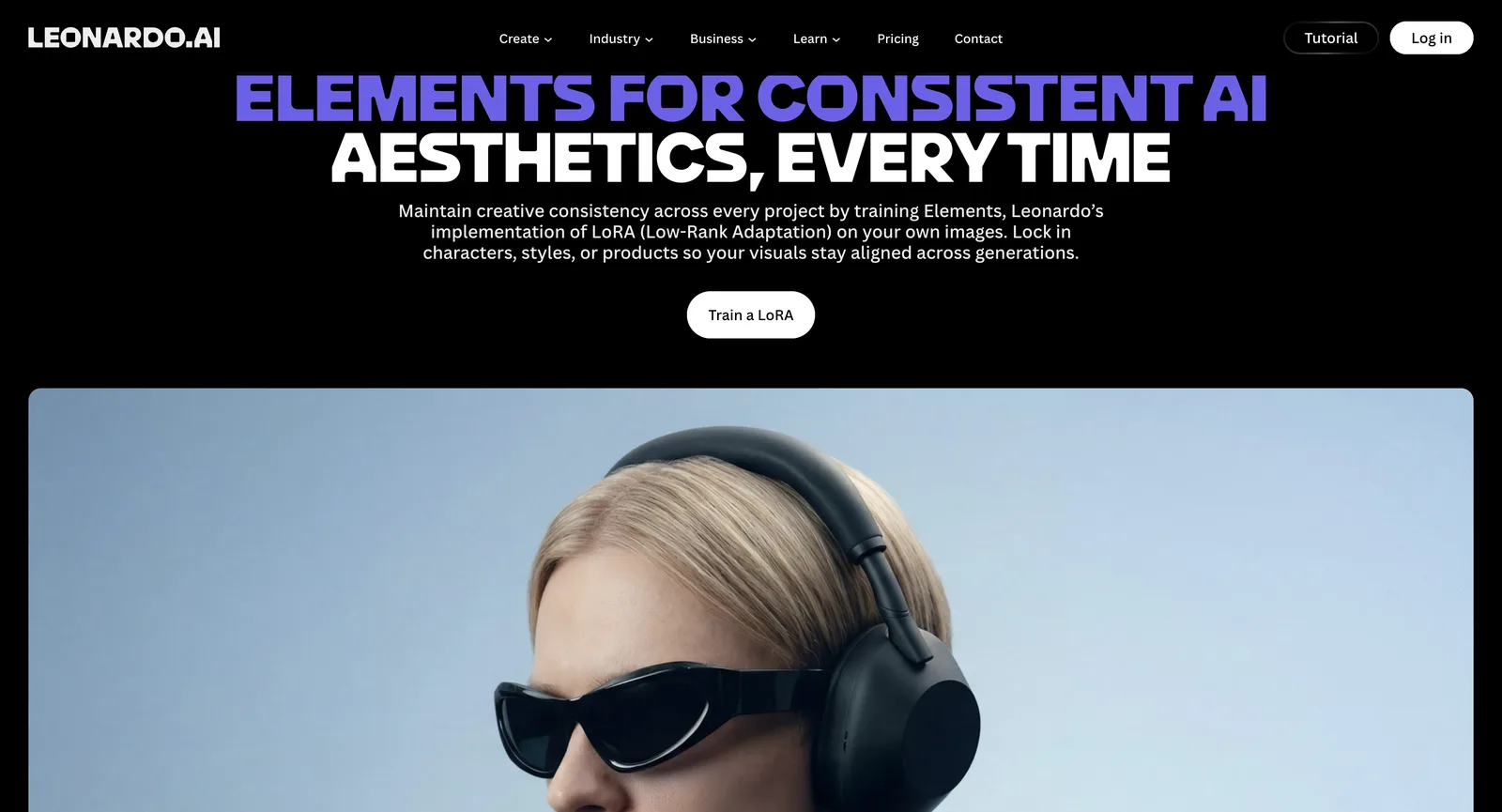 Elements-Seite auf leonardo.ai ohne Anmeldung, über konsistente KI-Looks durch LoRA-Training, mit einem Button, der ein Training startet