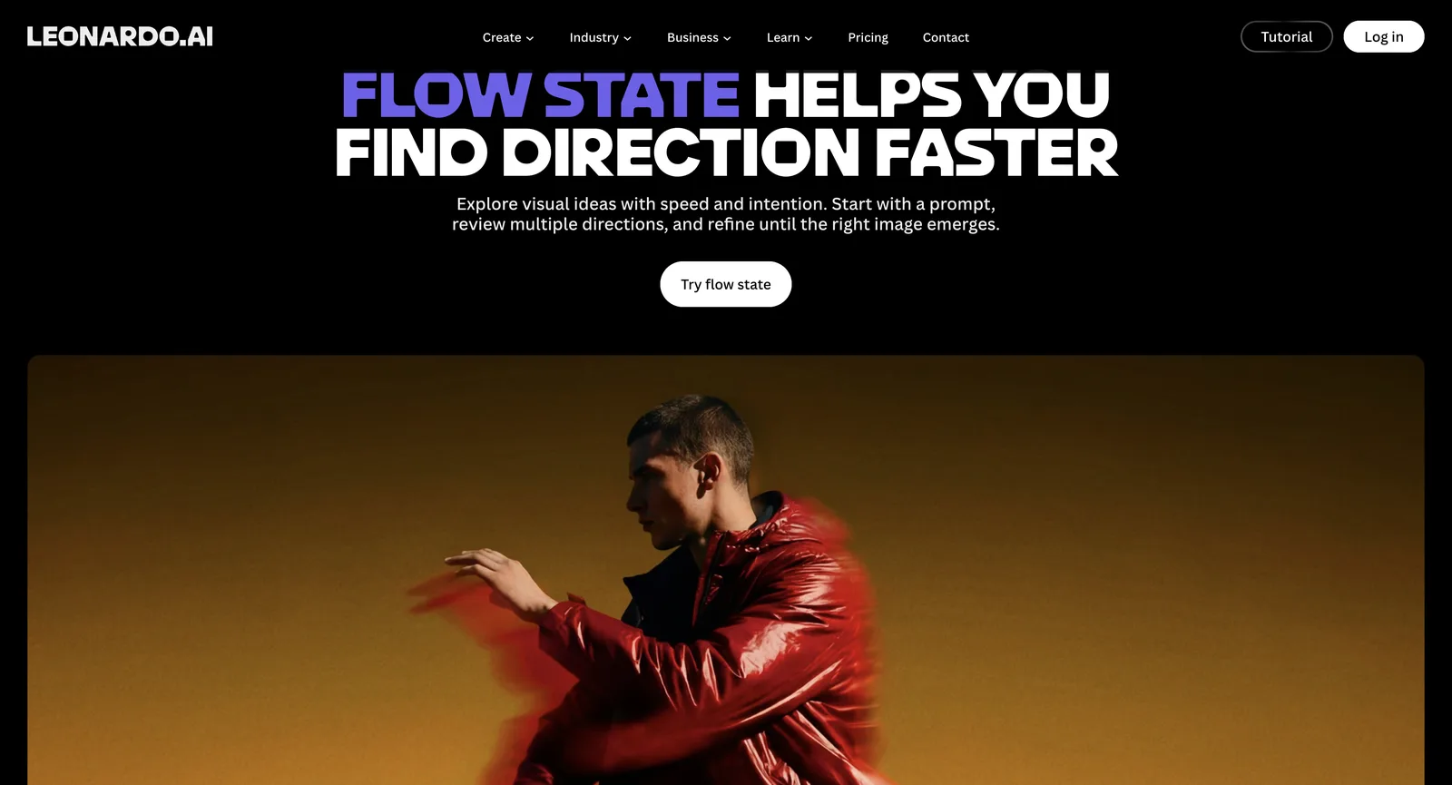 Flow-State-Seite auf leonardo.ai ohne Anmeldung, mit einer Überschrift darüber, schneller Richtung zu finden, und einem Button zum Ausprobieren