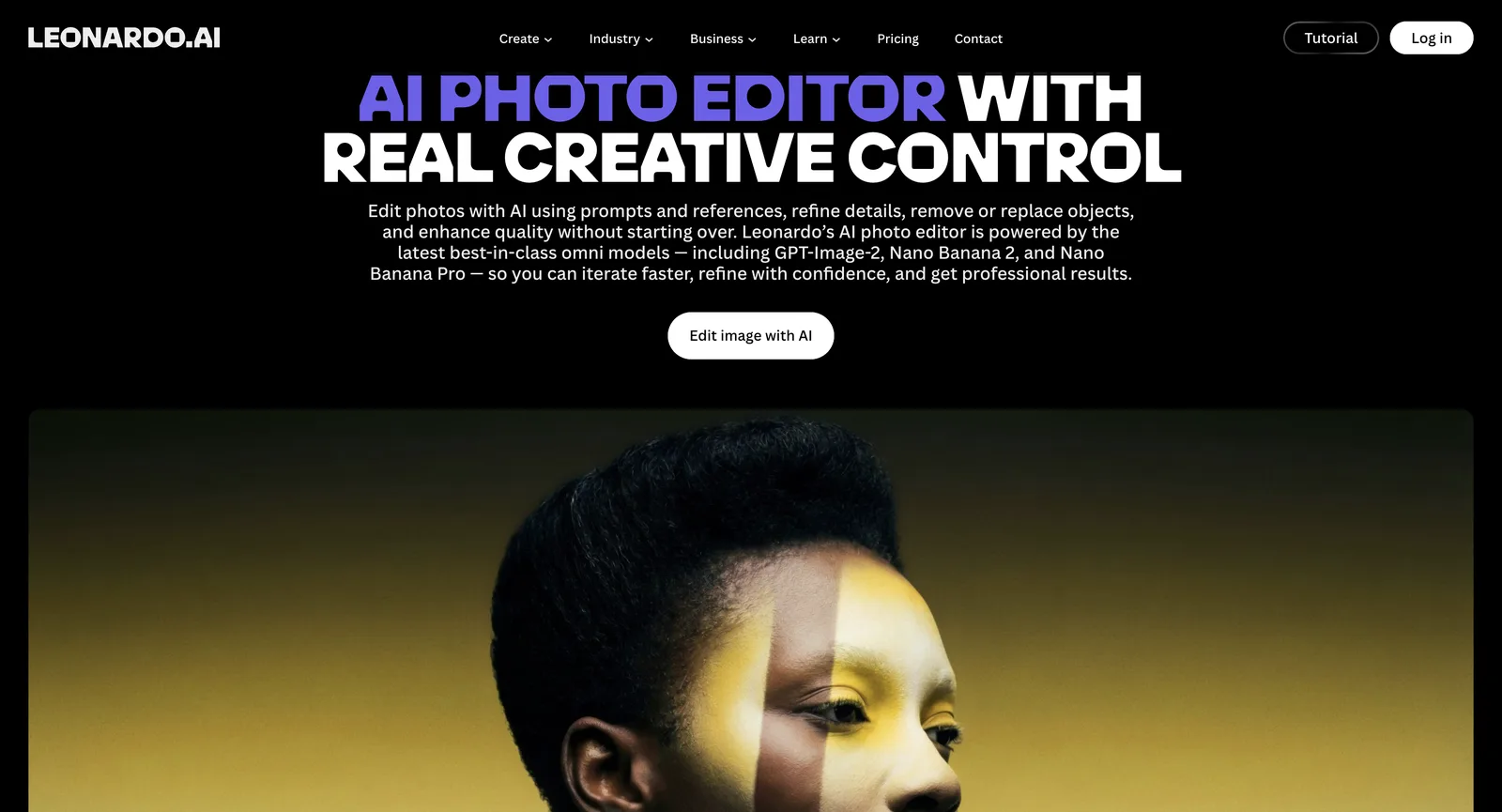 Seite des KI-Fotoeditors auf leonardo.ai ohne Anmeldung, die Nano Banana Pro, GPT-Image-2 und Nano Banana 2 als Modelle nennt, über einem Button Edit image with AI