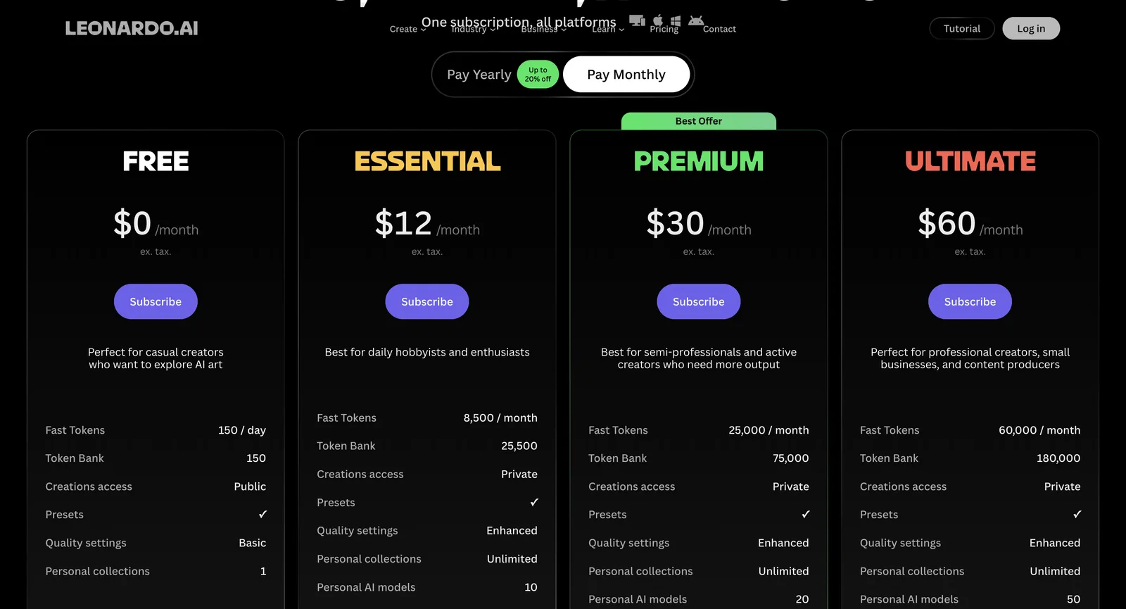 Preise auf leonardo.ai bei monatlicher Zahlung: Free für $0, Essential für $12, Premium für $30 und Ultimate für $60 im Monat zzgl. Steuern, jeweils mit ihrem Kontingent an schnellen Tokens
