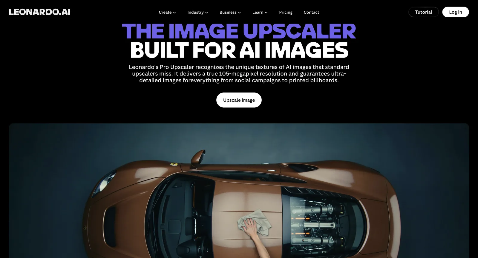 Seite des Universal Upscaler auf leonardo.ai ohne Anmeldung, die 105-Megapixel-Ausgabe für KI-Bilder bewirbt, über einem Button Upscale image