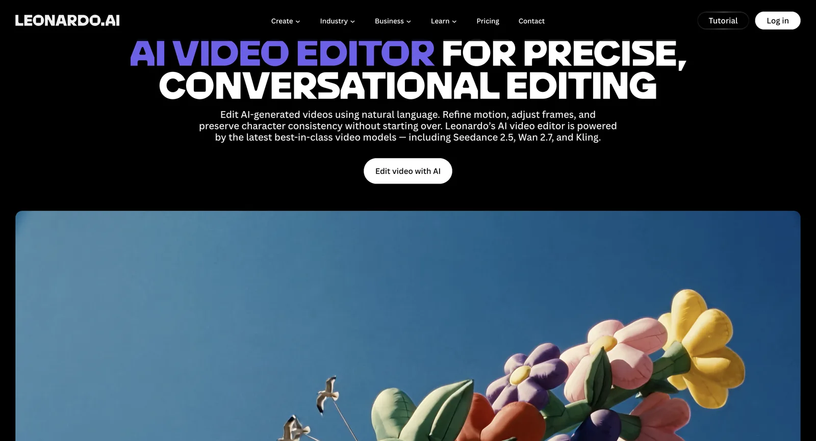 Videoeditor-Seite auf leonardo.ai ohne Anmeldung, die präzise Änderungen per Dialog anpreist und Kling, Wan 2.7 und Seedance 2.5 als Modelle aufführt