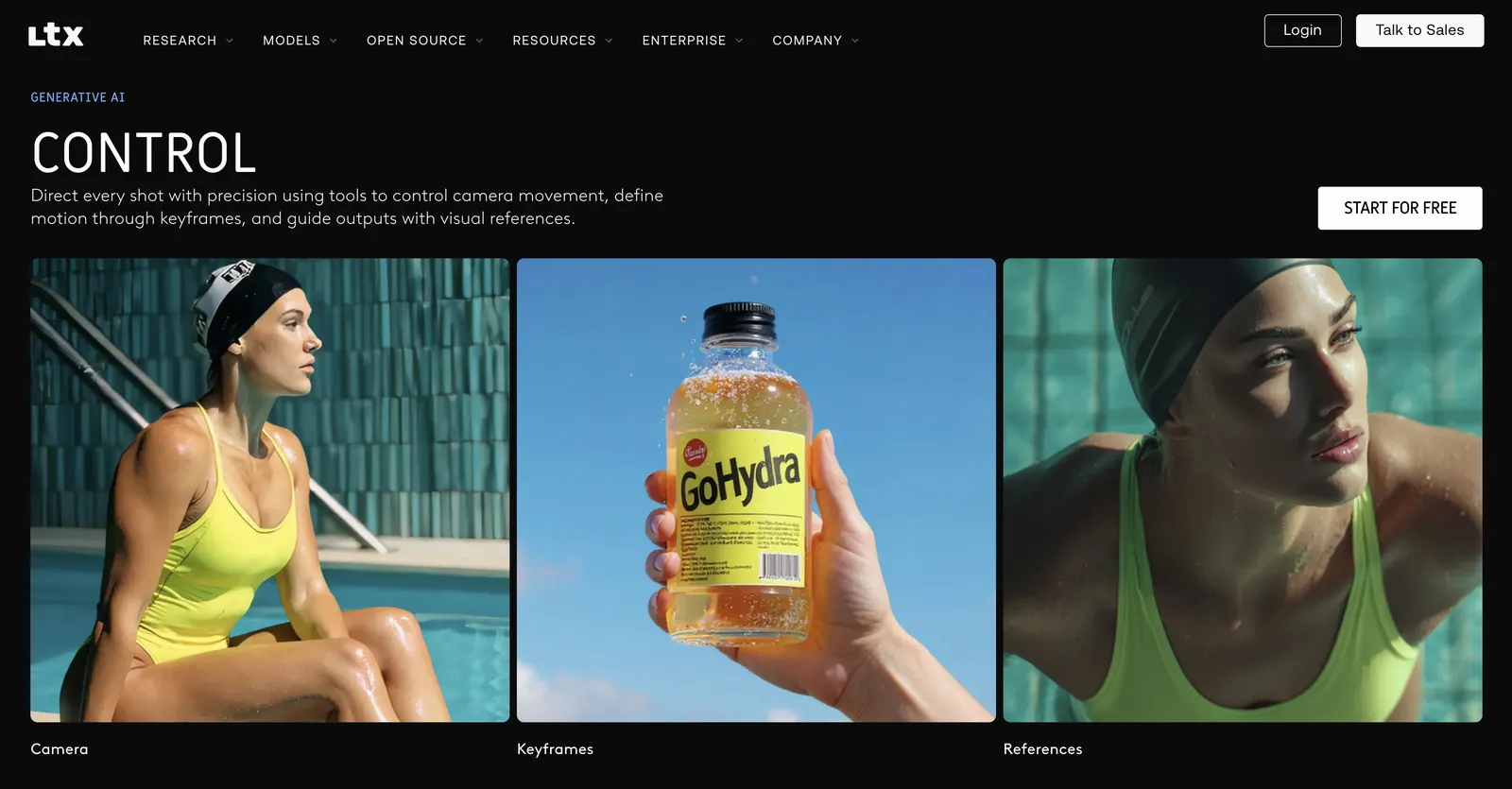 LTX Studio home page scrolled to its Control section, with example tiles labelled Camera, Keyframes and References