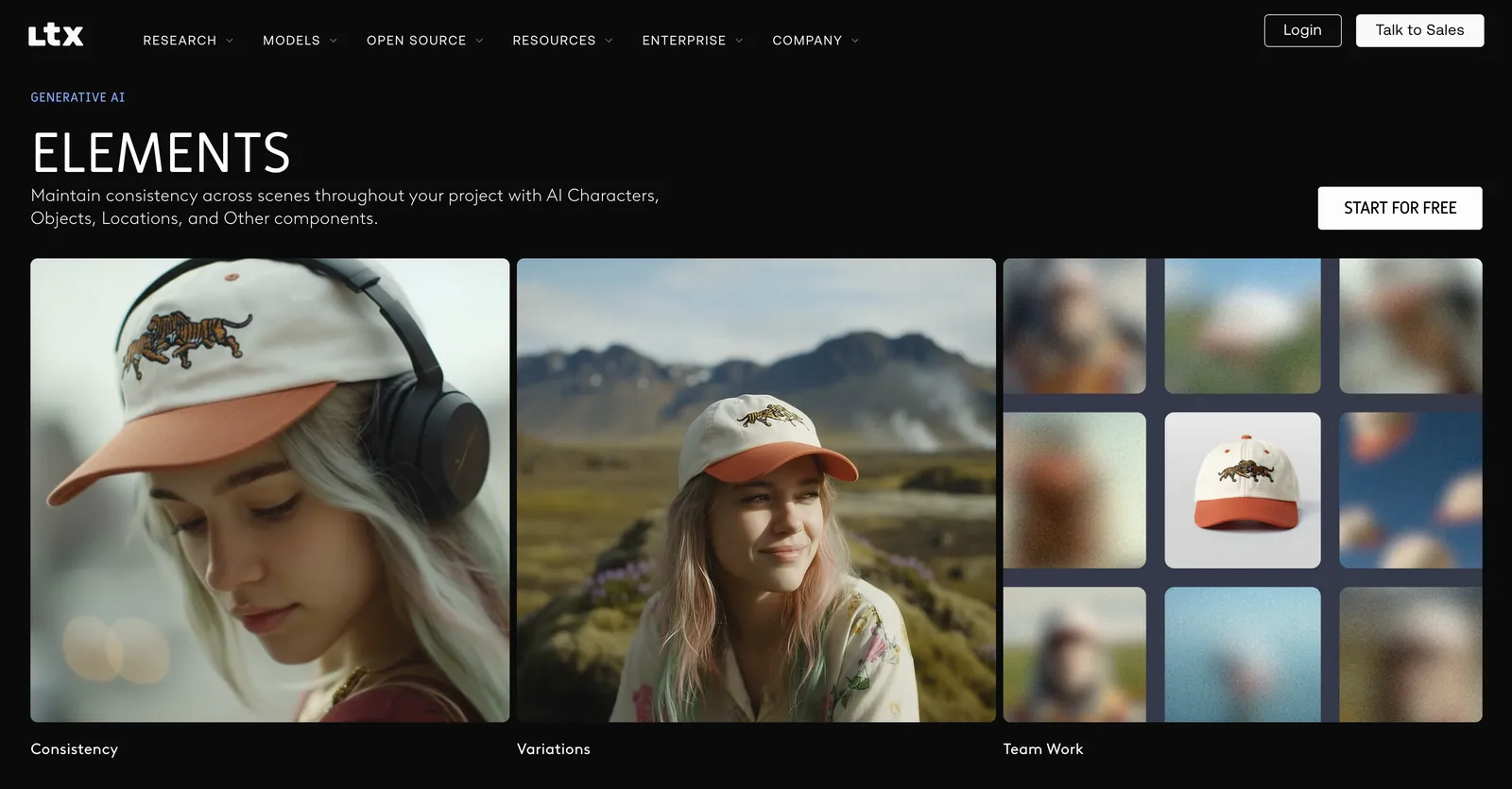 Elements section on the LTX Studio home page: the same woman and tiger-embroidered cap across tiles labelled Team Work, Variations and Consistency