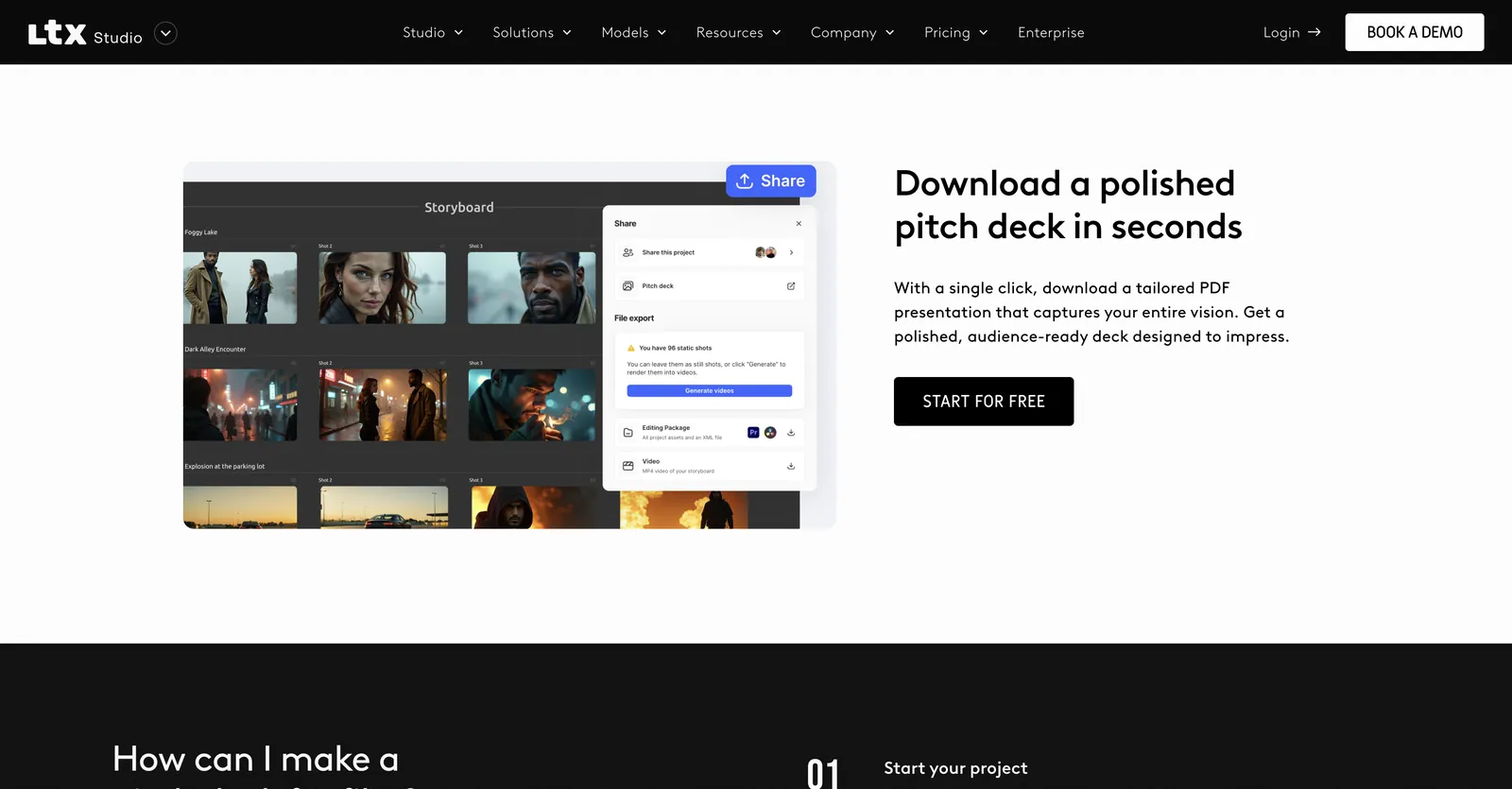 LTX Studio pitch-deck page: a storyboard of night scenes beside a Share panel offering a pitch deck, an editing package or a video file