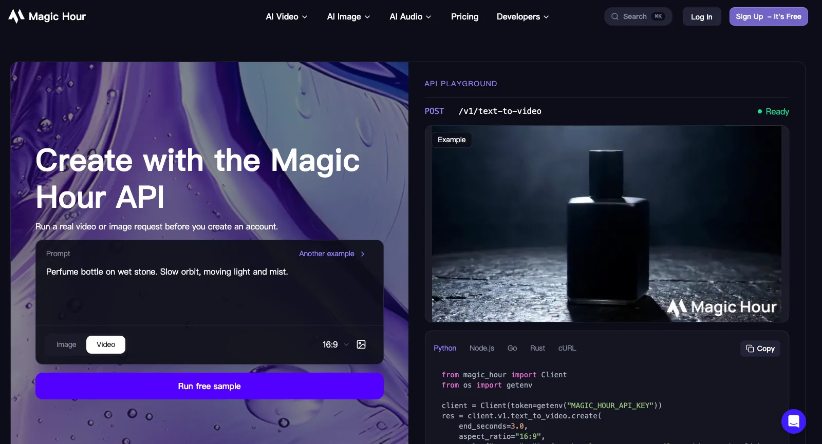 Page API de Magic Hour, sans être connecté : une zone de prompt avec Run free sample, et un playground pour le point d’accès /v1/text-to-video proposant des onglets cURL, Rust, Go, Node.js et Python
