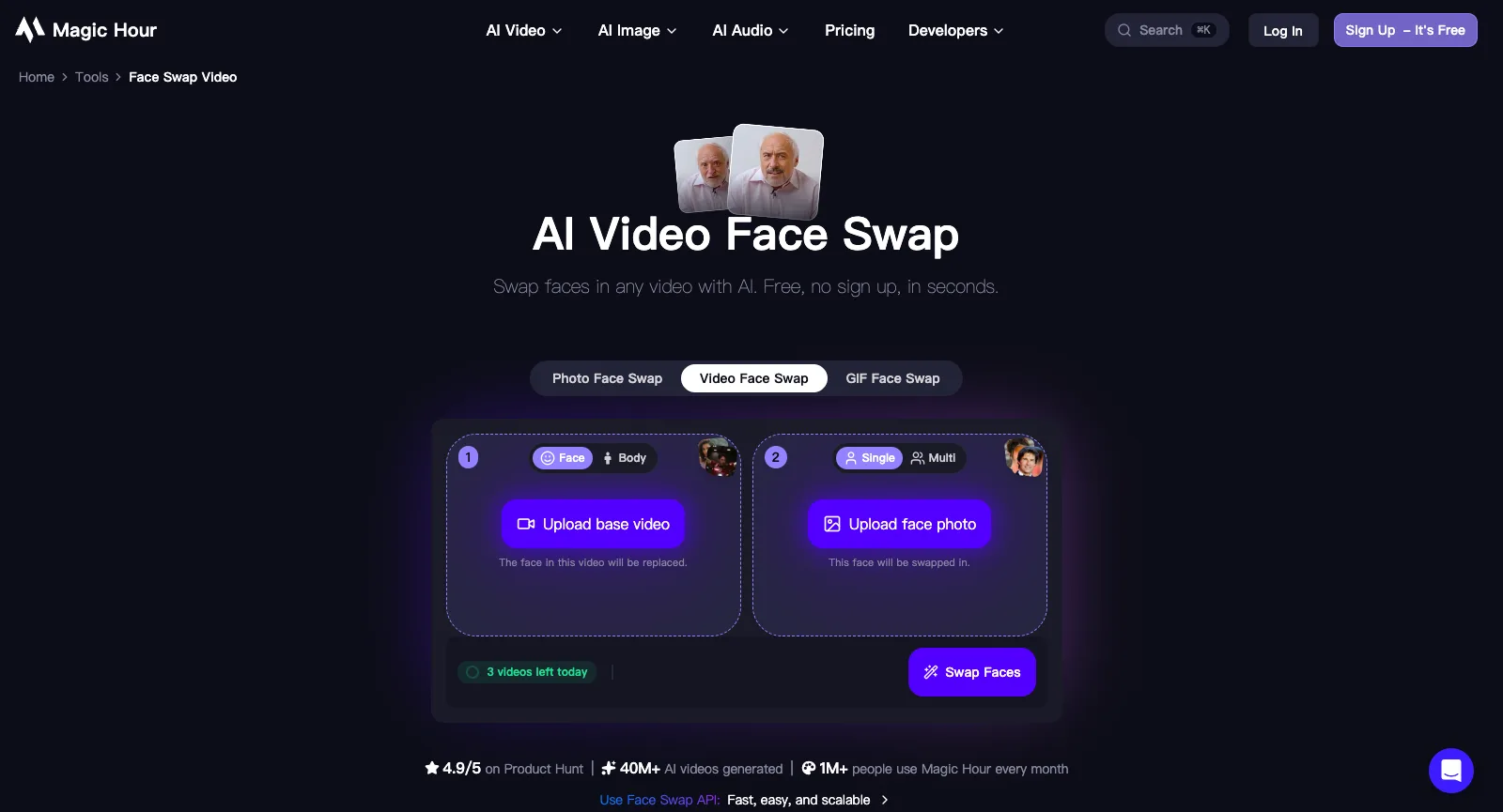 Outil d’échange de visage vidéo sur magichour.ai, sans être connecté : onglets Photo, Video et GIF Face Swap, deux emplacements d’import (vidéo de base, photo du visage) et un compteur affichant trois vidéos restantes pour aujourd’hui