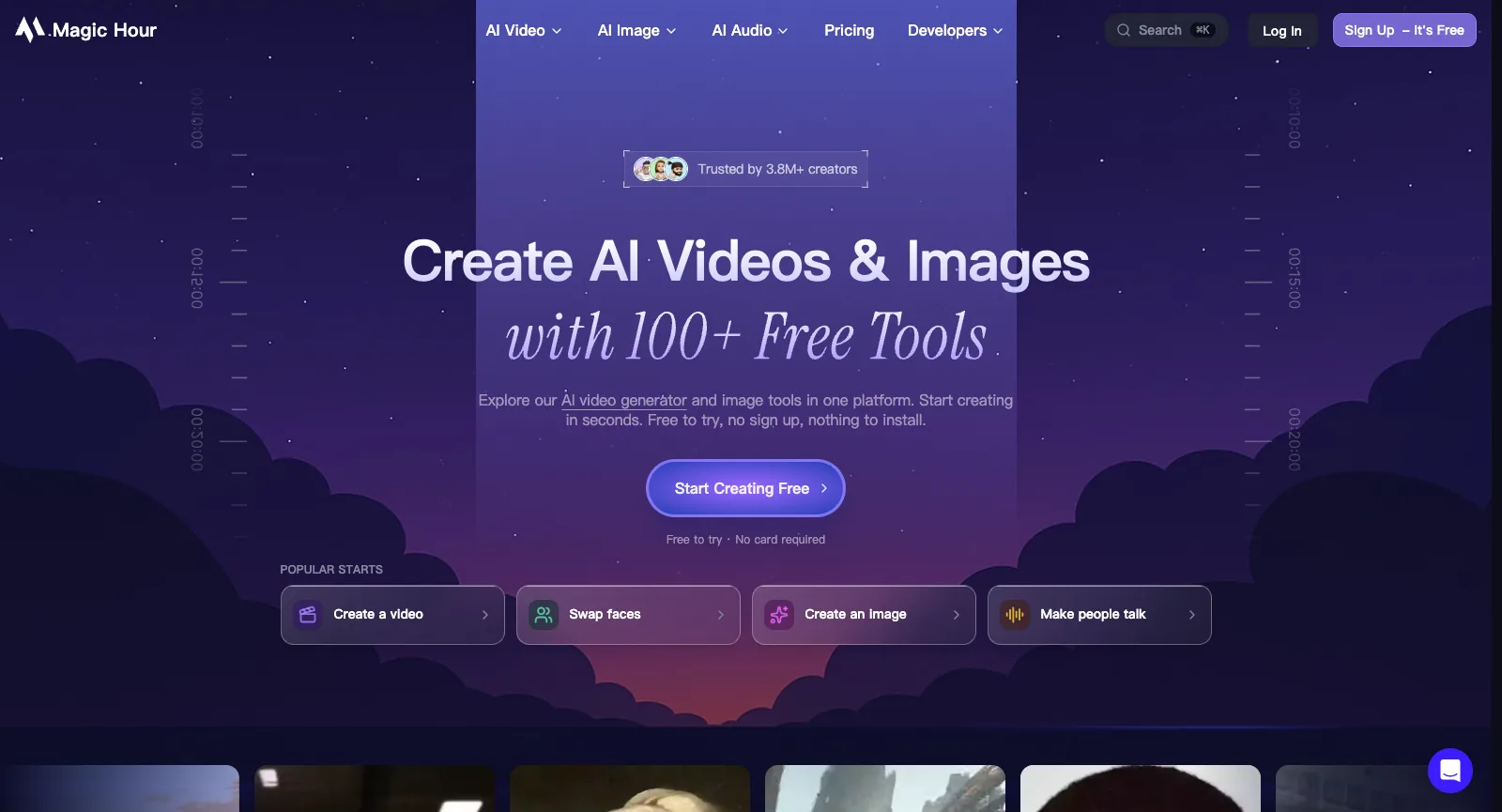 Page d’accueil de magichour.ai, sans être connecté : le titre principal qui promet plus de 100 outils gratuits pour créer des vidéos et des images IA, une ligne sur 3.8M+ créateurs et quatre boutons de raccourci pour les vidéos, les échanges de visage, les images et les personnes qui parlent