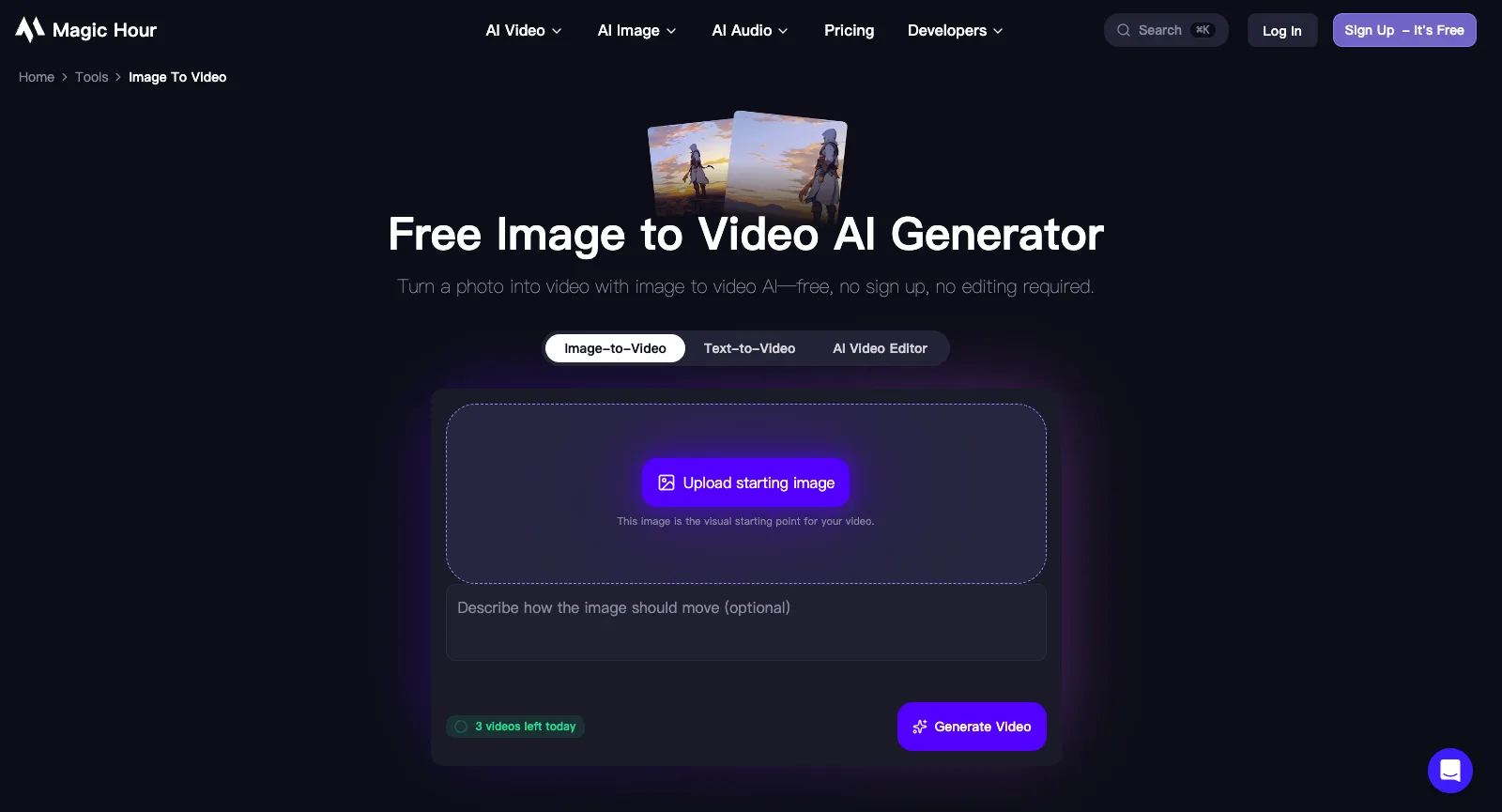 Outil gratuit d’image vers vidéo sur magichour.ai, sans être connecté : une zone de dépôt pour l’image de départ, un champ pour le prompt de mouvement et un compteur indiquant 3 videos left today