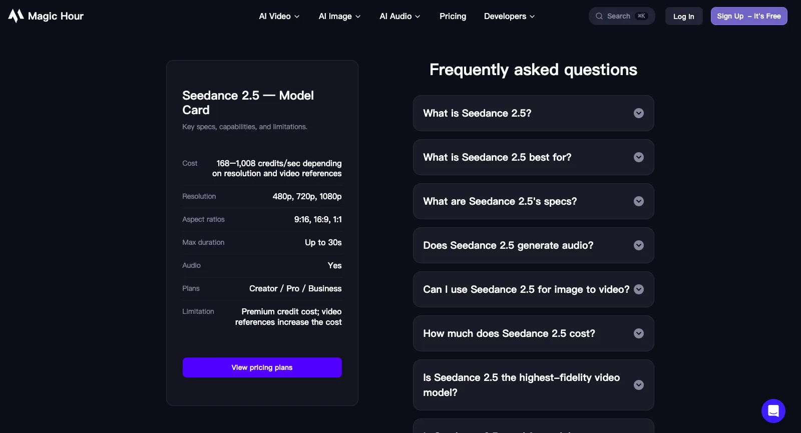 Seedance 2.5 sur magichour.ai, sans être connecté : sa fiche de modèle avec un coût de 168–1 008 crédits par seconde, des résolutions de 480p à 1080p, 30 secondes maximum avec audio et une disponibilité sur Business, Pro et Creator