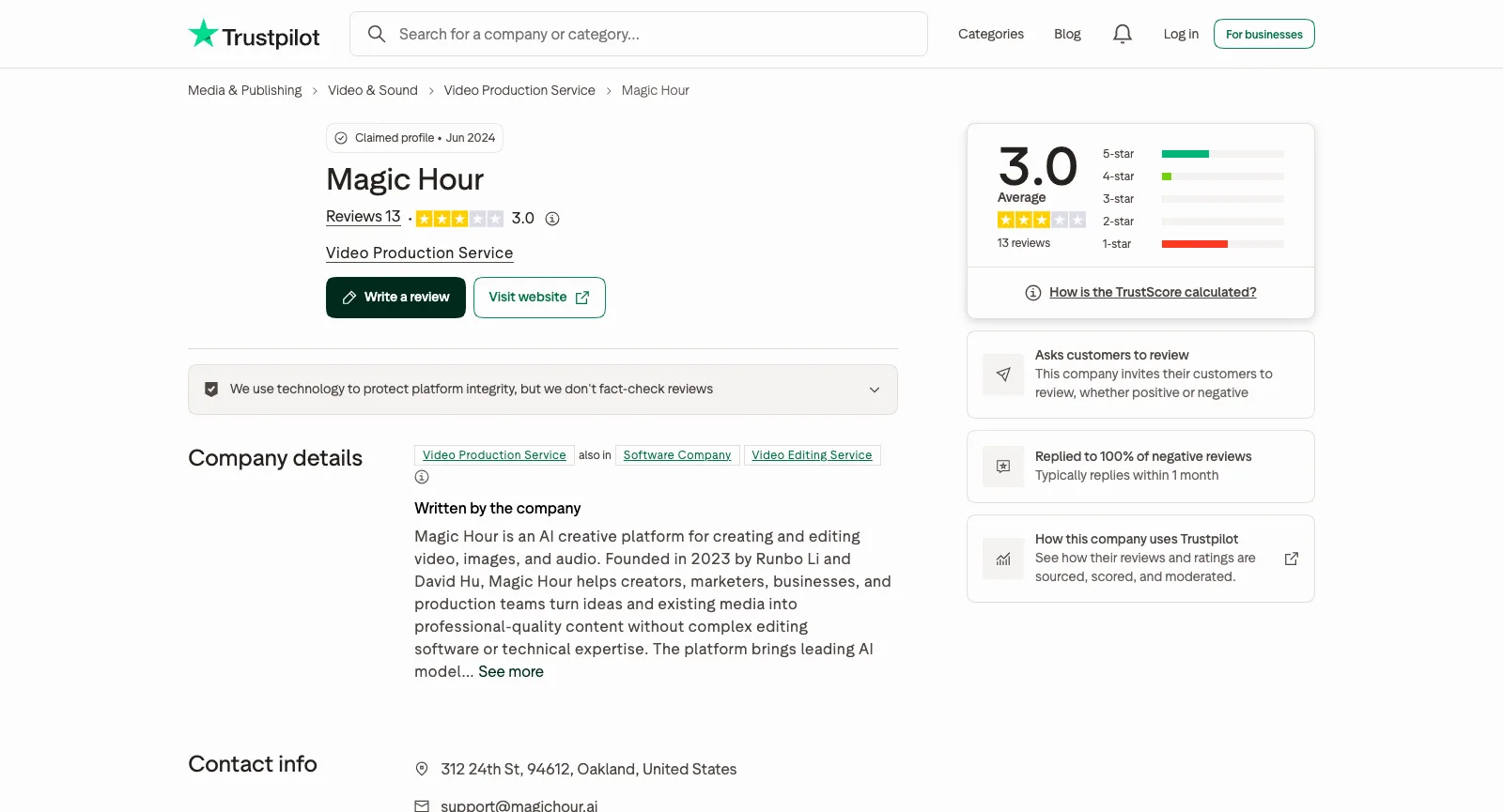 Magic Hour sur Trustpilot, sans être connecté : 13 avis pour une moyenne de 3.0, un profil revendiqué, une mention indiquant qu’il invite à laisser des avis et un taux de réponse de 100 % aux avis négatifs