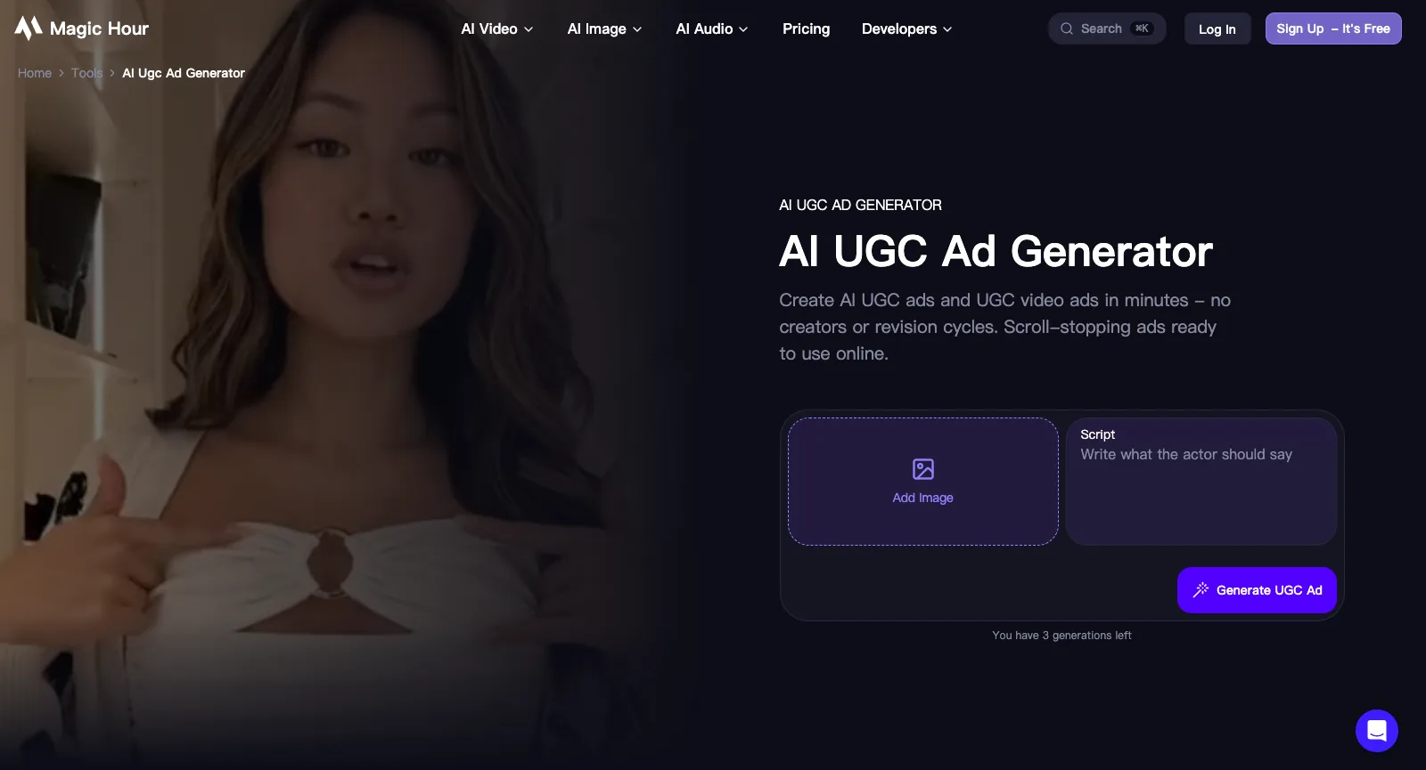 AI UGC Ad Generator sur magichour.ai, sans être connecté : un champ Script pour ce que dit l’acteur, une zone Add Image, 3 générations restantes et le bouton Generate UGC Ad