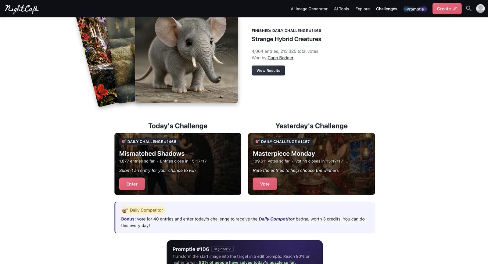 Challenges page on NightCafe, signed out: the last finished contest at 4,064 entries, one challenge open for entries today, yesterday’s open for votes, and the Daily Competitor reward