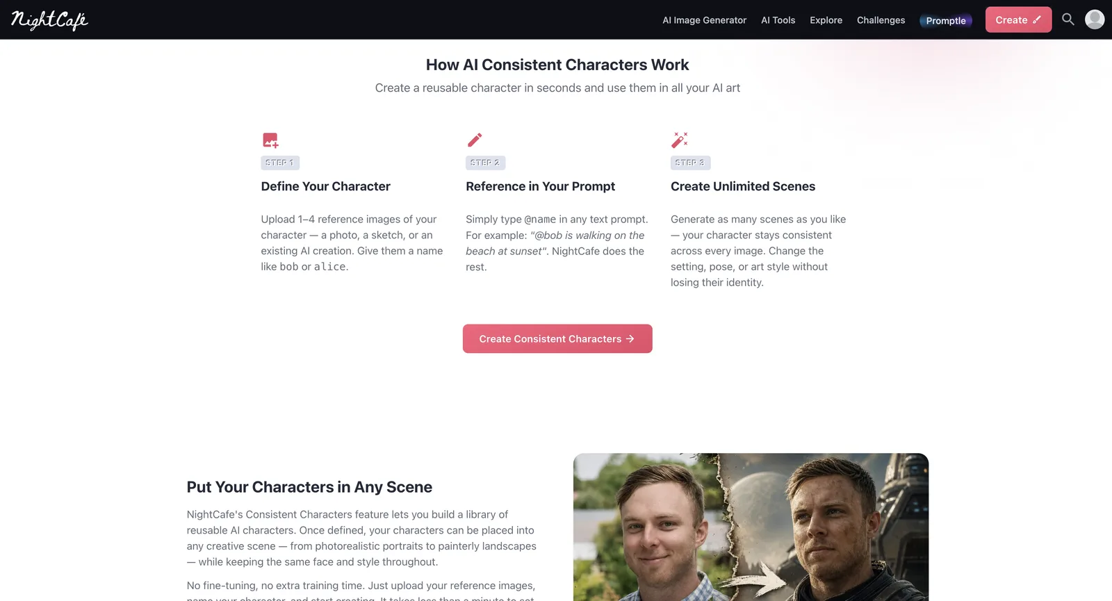 Consistent Characters page on NightCafe, signed out, laying out three steps: set up a character, mention it in a prompt, then generate as many scenes as you like