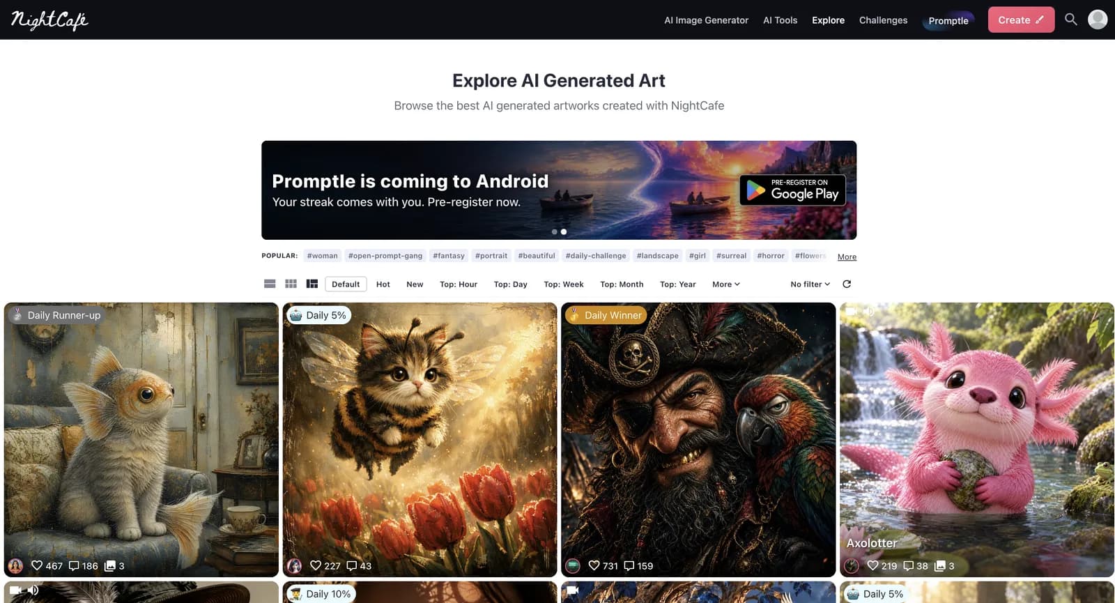Explore page on NightCafe, signed out: popular tags and sorting above a feed of member art, some pieces marked Daily Winner or Daily Runner-up