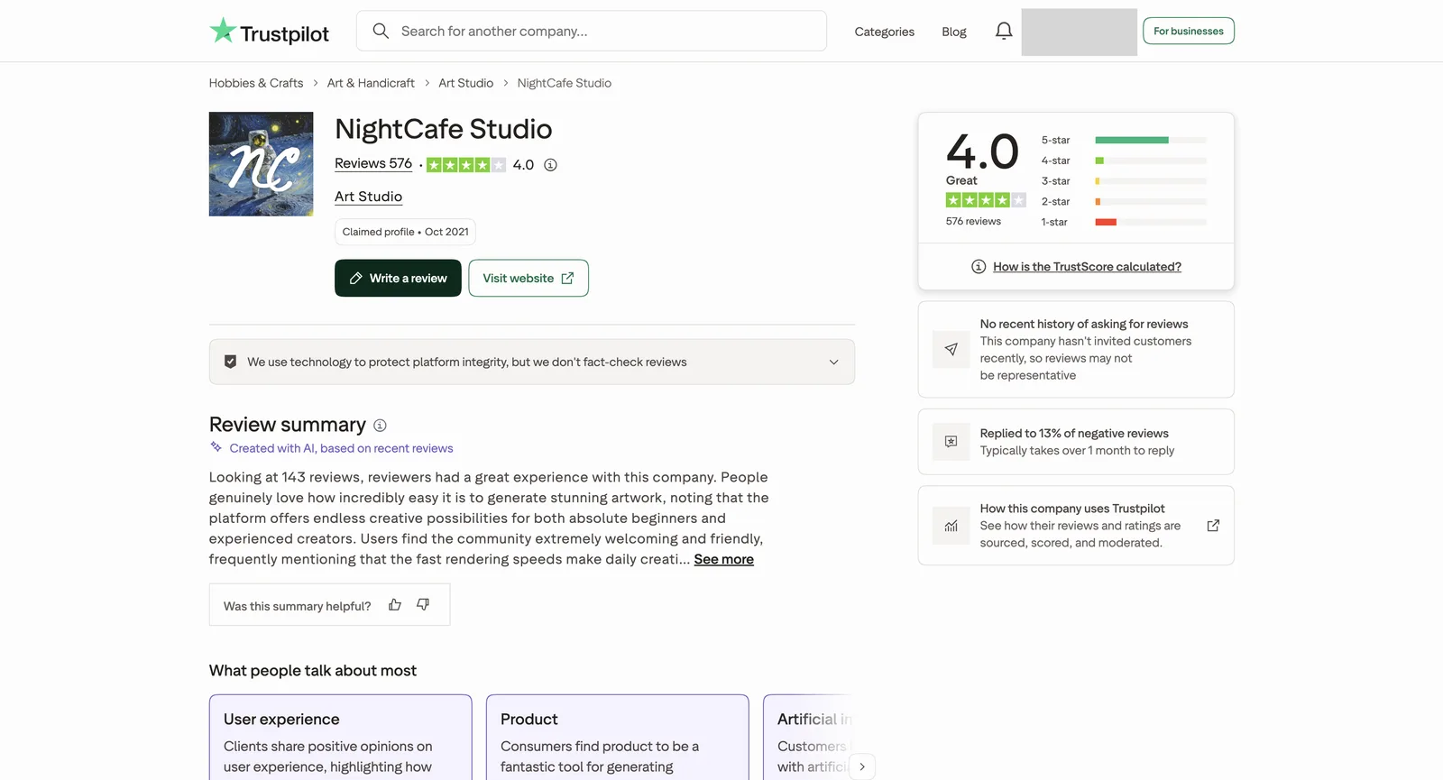 Trustpilot page for NightCafe Studio: claimed, TrustScore 4.0 from 576 reviews, replies to 13% of bad reviews, and no sign of recent review invitations