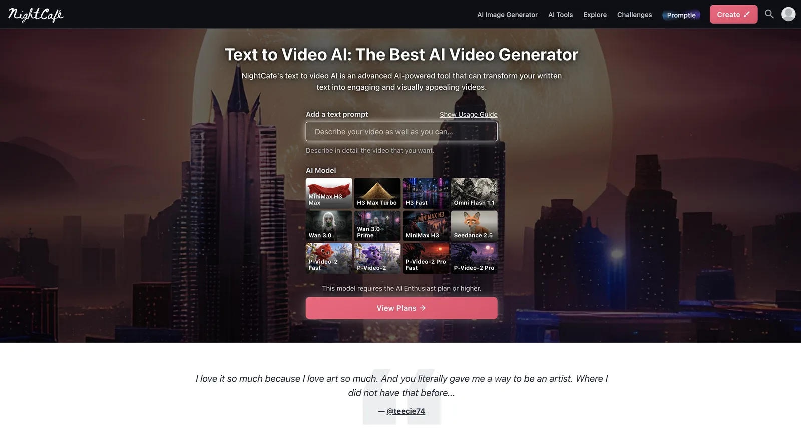 The Text to Video AI screen on NightCafe, signed out: a model list with P-Video-2, Seedance 2.5, Wan 3.0, Omni Flash 1.1 and MiniMax H3, plus a notice that the chosen model needs AI Enthusiast or a higher plan